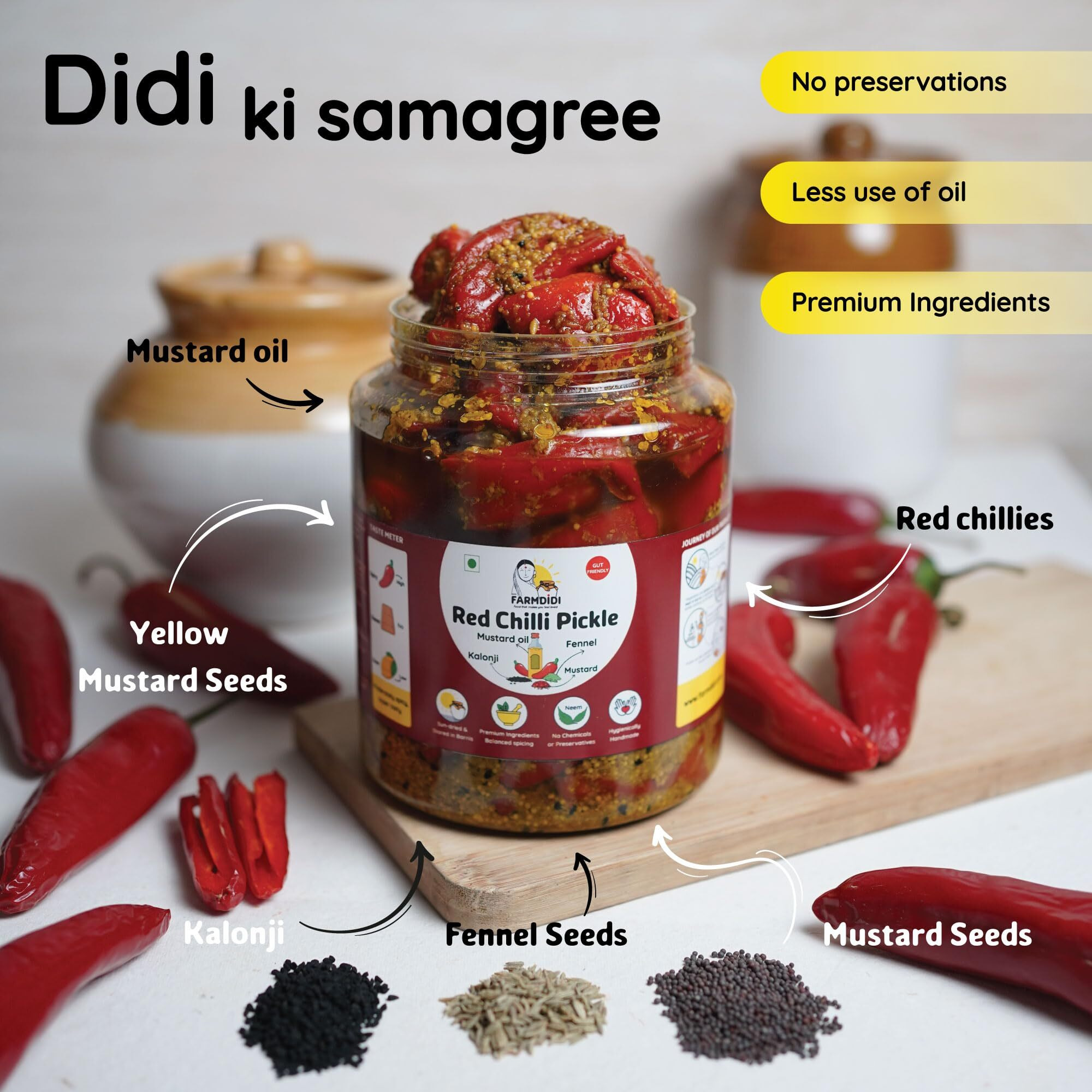 Farm Didi Stuffed Red Chilli Pickle - Lal Mirch Ka Achar 1Kg | Bharwa Mirch Ka Achar | Less Oil | Homemade | Stuffed Chilli Pickles | No Added Preservatives | Traditional Recipe