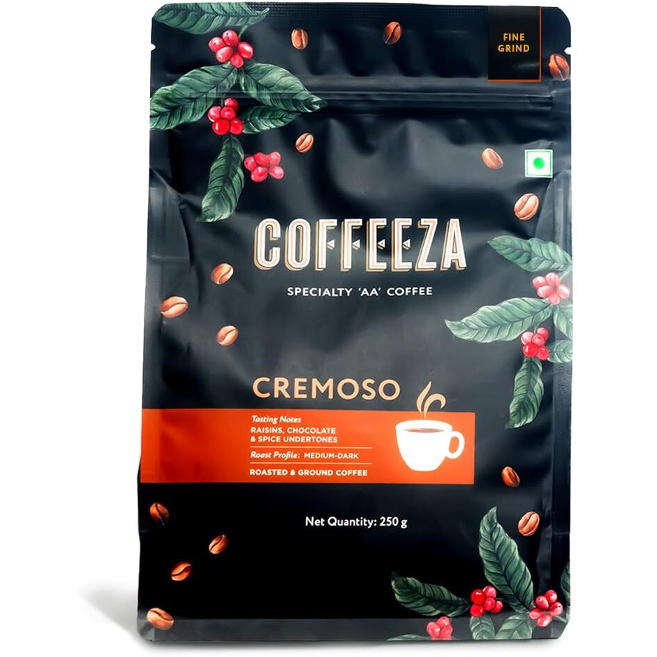 COFFEEZA Cremoso Ground Coffee | Fine Grind (Espresso & Moka Pots) | Premium Grade, Medium-Dark Roasted Ground Coffee - 250Gm, Bag