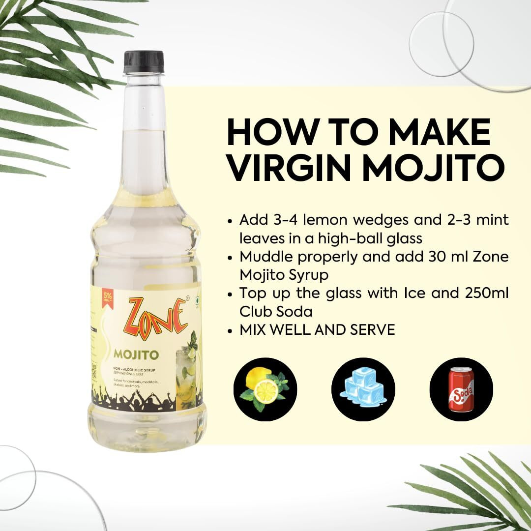 Zone Mojito Syrup 1050ml | Pure Mint Flavor for Mocktails, Cocktails, Lemonades, Iced Teas & More | 35+ Flavours
