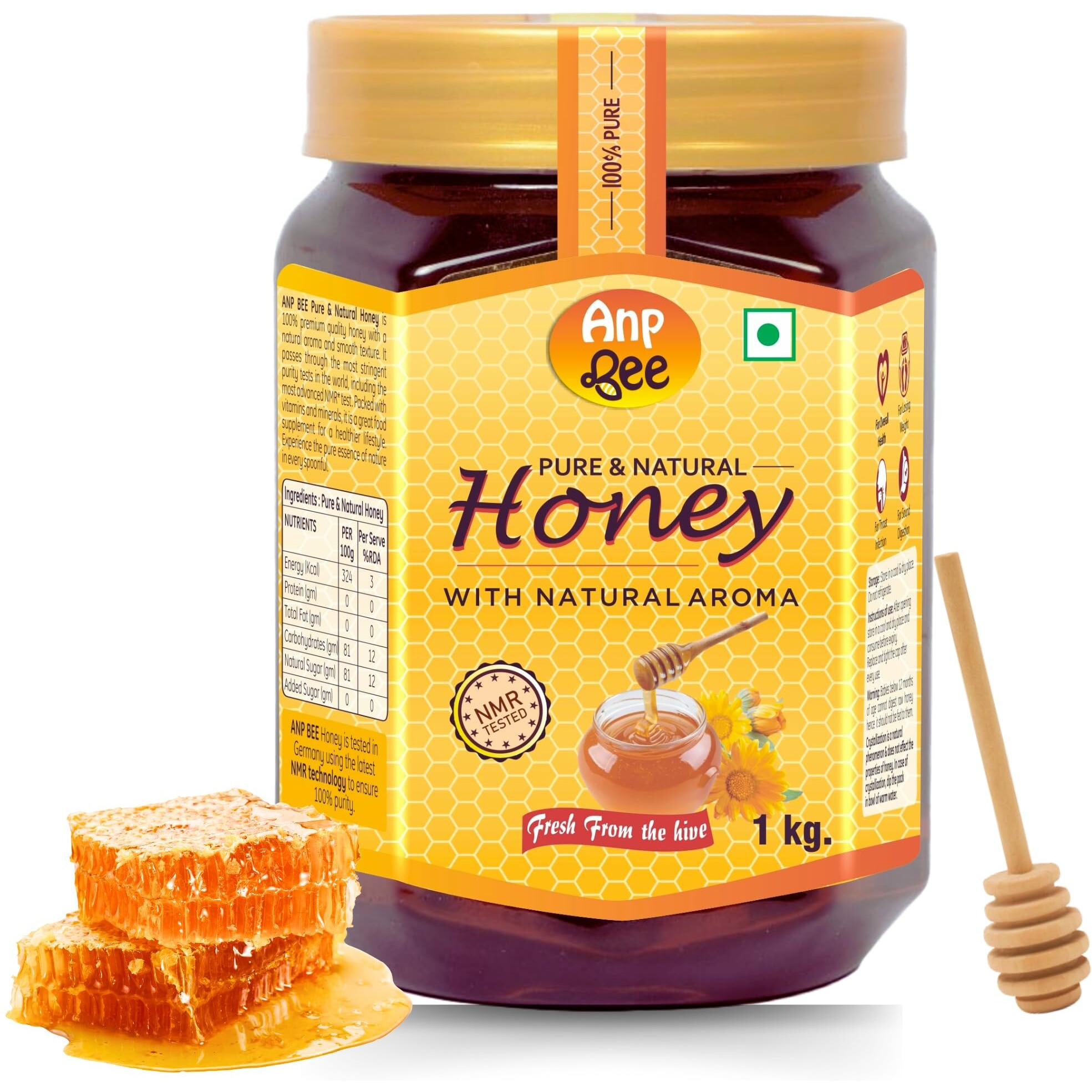 ANP BEE NMR Tested Natural Honey 1kg I 100% Pure, Unpasteurized, and Unprocessed Honey I Helps in Weight Loss, Cough & Cold I Natural Honey 1kg Bottle I No Added Sugar I Natural Immunity Booster I Pack of 1