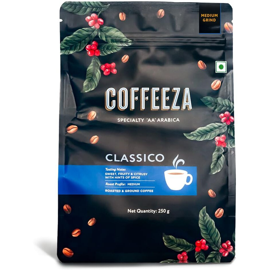 COFFEEZA Classico Ground Coffee | Medium Grind (Pour-Over, Aeropress & Filter Coffee) | 100% Arabica Premium Grade, Medium Roasted Ground Coffee - 250Gm, Bag
