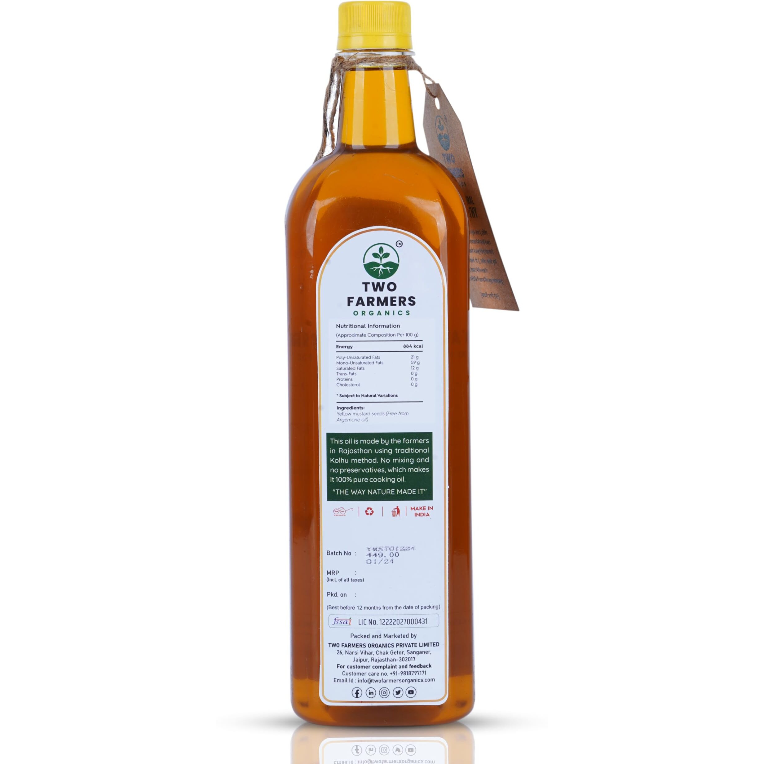 Two Farmers Organics Yellow Mustard Oil (1L) | Cold-pressed Unrefined Extra Virgin | 100% Pure and Natural Kacchi Ghani Peeli - Sarso Oil Wood Pressed Yellow Mustard Oil for Cooking