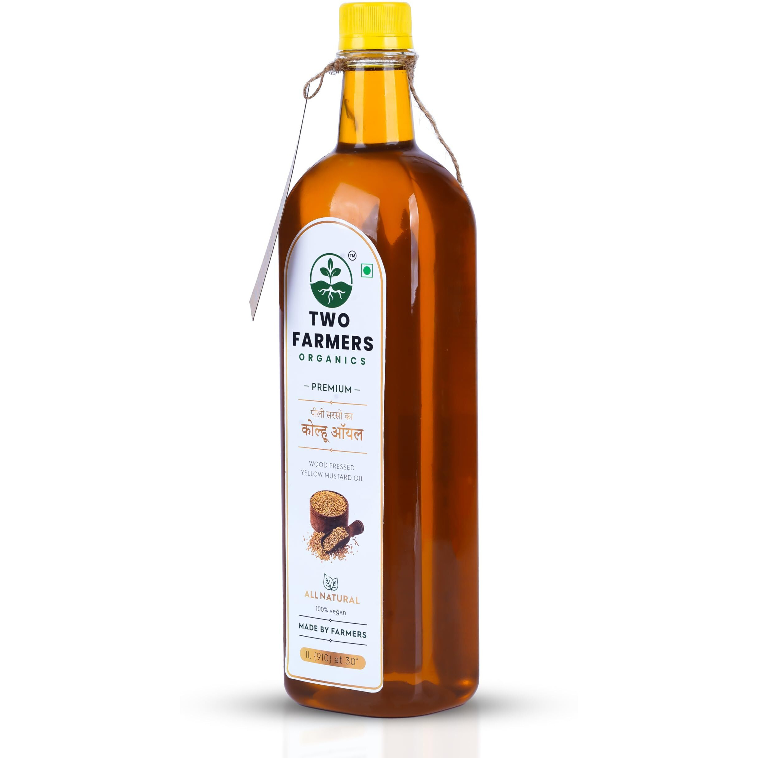 Two Farmers Organics Yellow Mustard Oil (1L) | Cold-pressed Unrefined Extra Virgin | 100% Pure and Natural Kacchi Ghani Peeli - Sarso Oil Wood Pressed Yellow Mustard Oil for Cooking