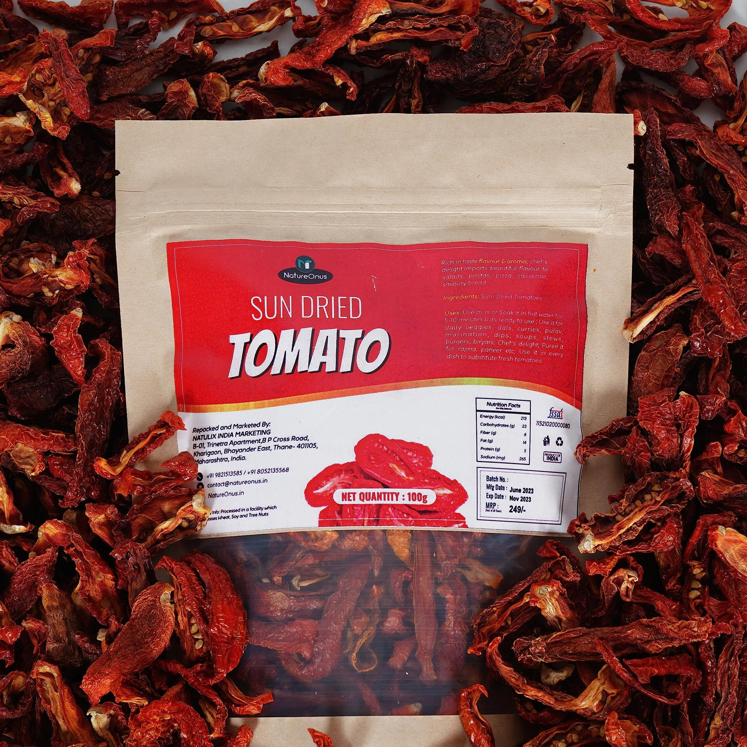 NatureOnus Sun Dried Tomato, 100g | 100% Natural Tomatoes | Hygienically Solar Dried | Anti-oxidant Rich | Use in Dips, Marinades, Salads, Pasta, Veggies, Dals, Curries, Pulav, Soups, Stews, Burgers
