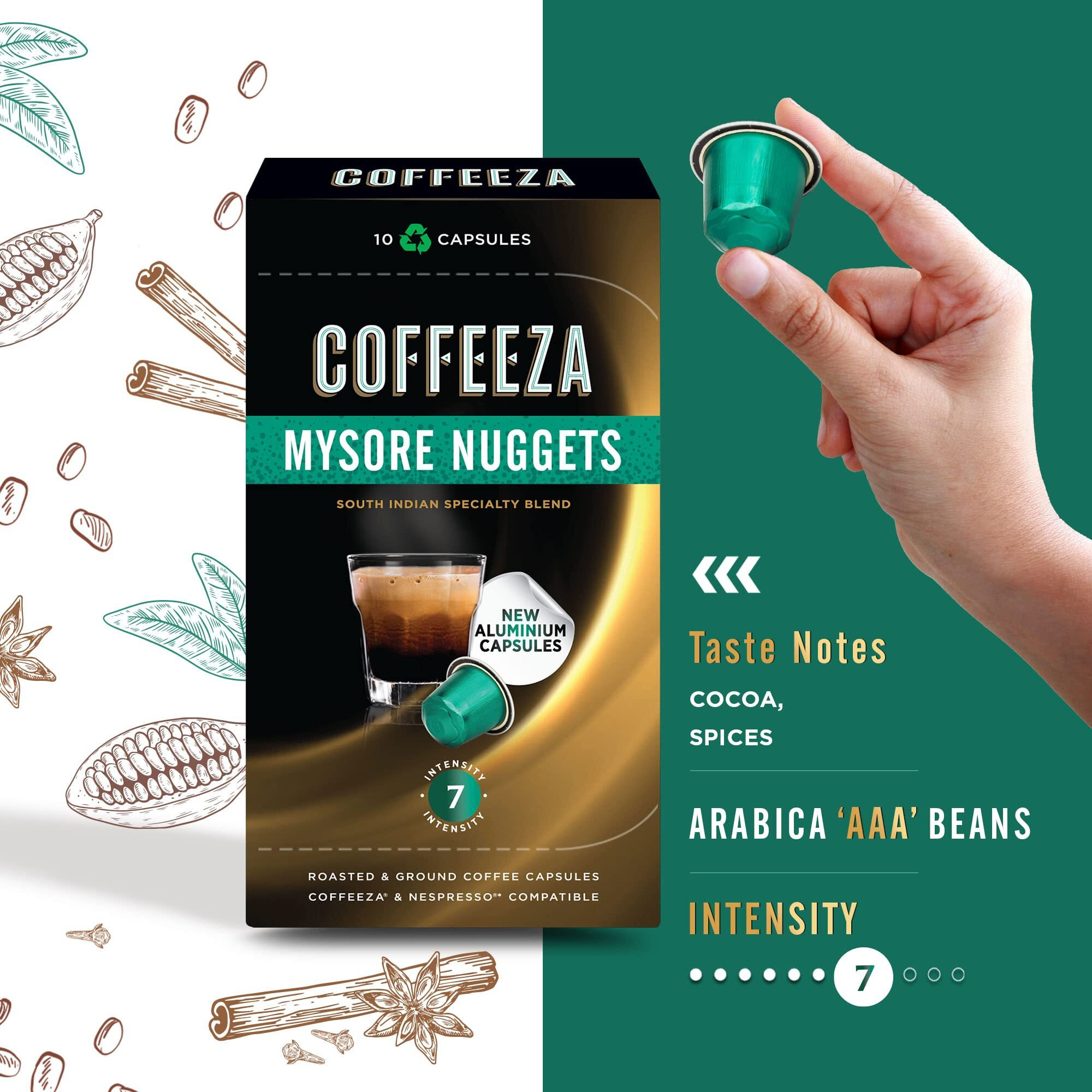 Coffeeza (AAA Arabica Grade) Mysore Nuggets Aluminium Coffee Capsules (Specialty Coffee) | Intensity  7/10 - (Box of 200)
