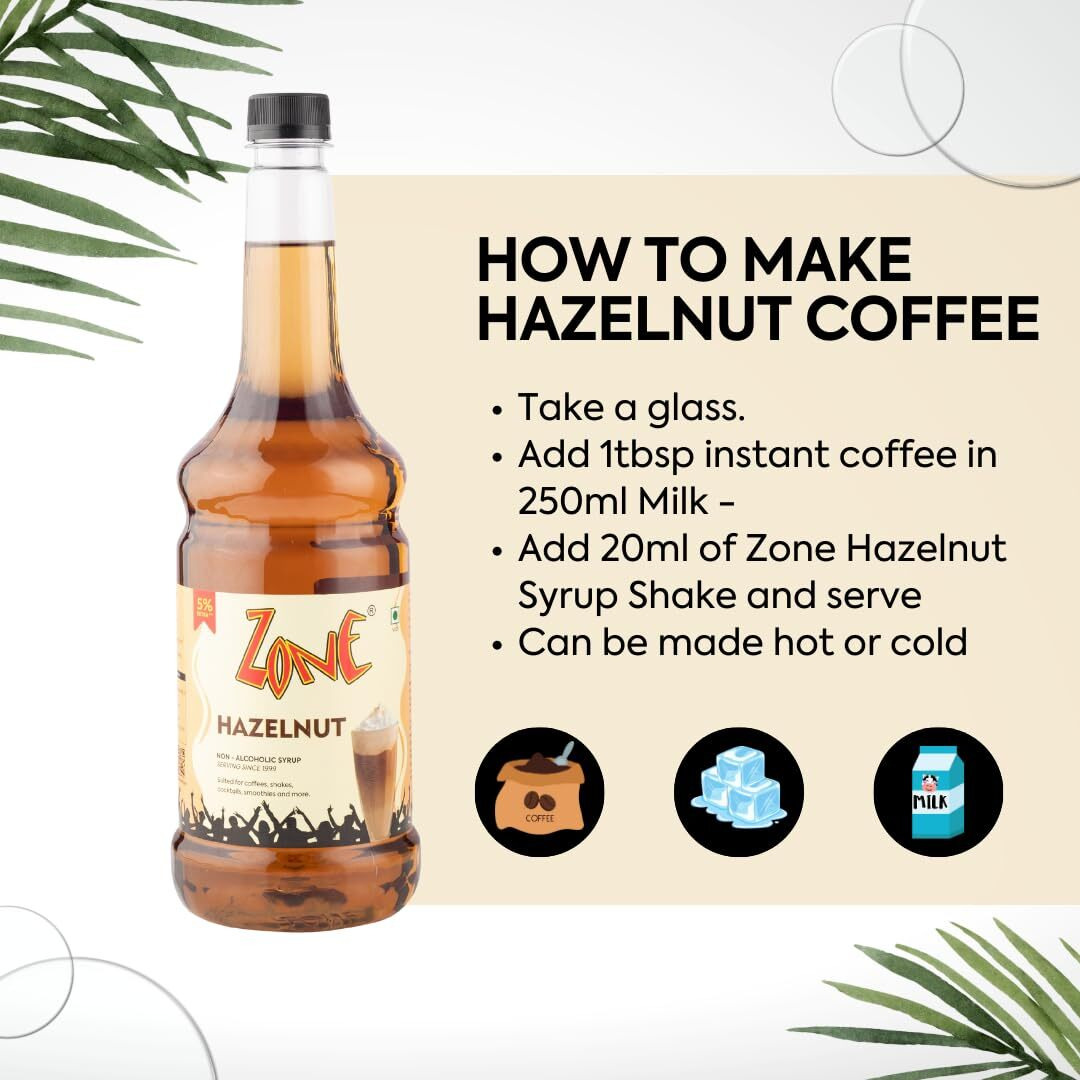 Zone Hazelnut Syrup 1050ml | Sweet & Nutty Caramelized Hazelnut Flavor for Coffees, Cocktails, Desserts & More | 35+ Flavours