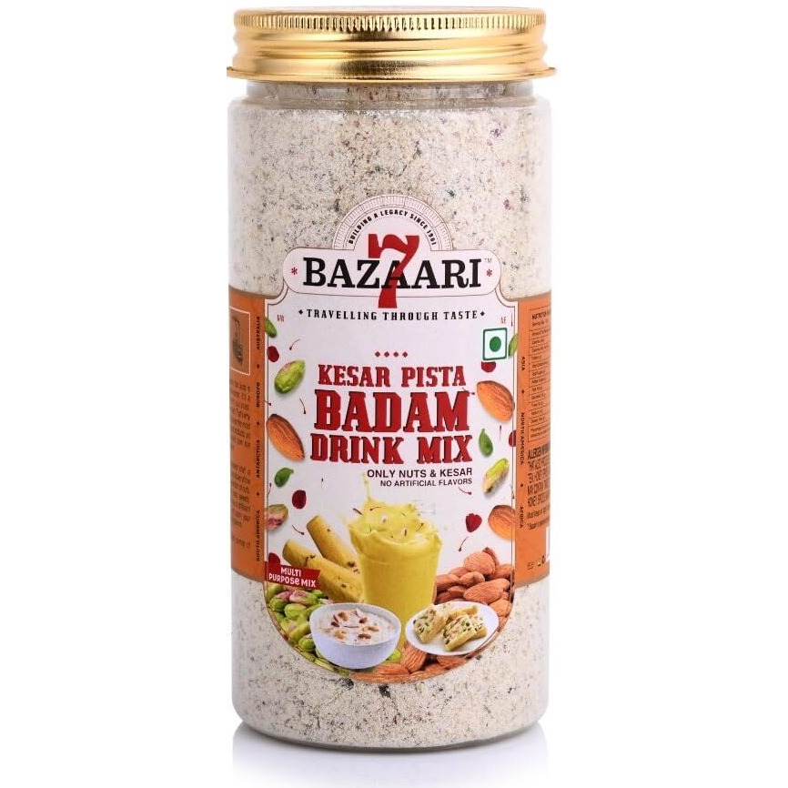 7 BAZAARI Kesar Pista Badam Drink Mix 225G - All Natural Blend of Almonds, Pistachios, Cashews with Saffron & Rose Petals | No Artificial Flavors | Nutritious All-Season Drink for Children | Winter & Summer Beverage | Healthy Traditional Indian Drink