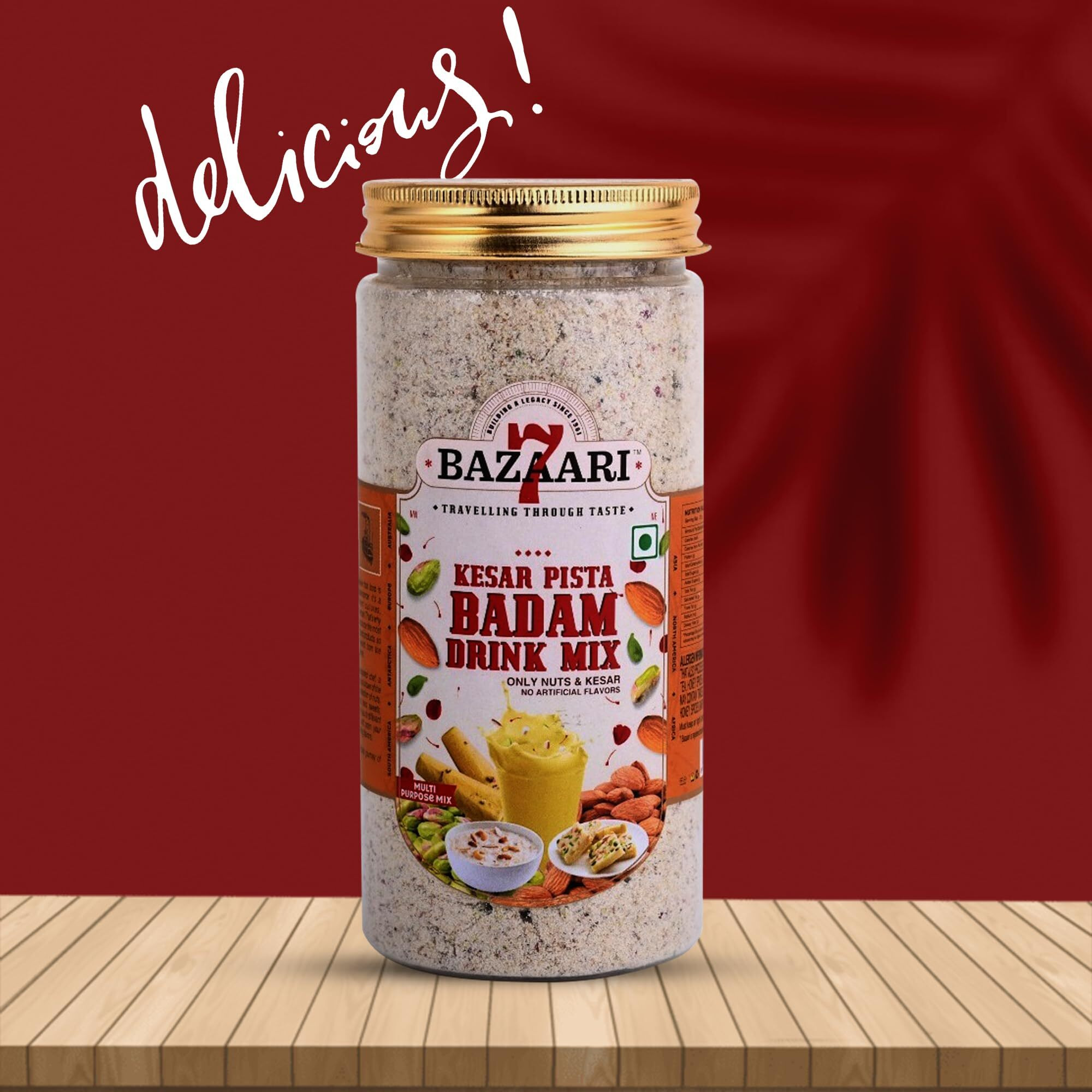 7 BAZAARI Kesar Pista Badam Drink Mix 225G - All Natural Blend of Almonds, Pistachios, Cashews with Saffron & Rose Petals | No Artificial Flavors | Nutritious All-Season Drink for Children | Winter & Summer Beverage | Healthy Traditional Indian Drink