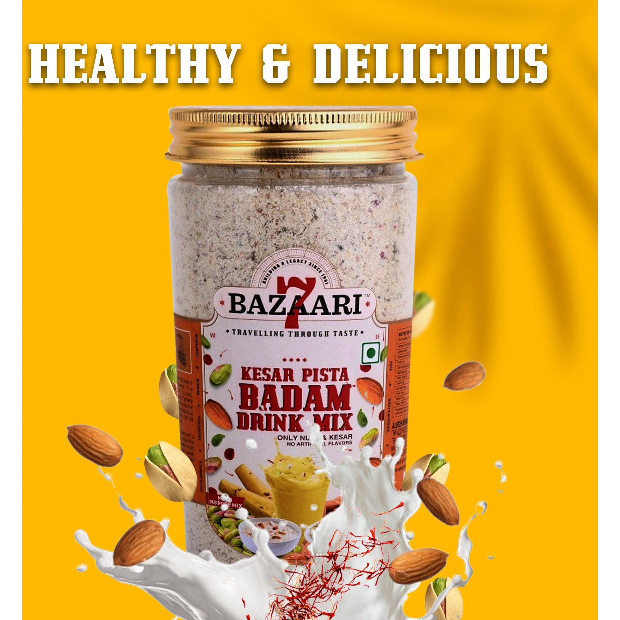 7 BAZAARI Kesar Pista Badam Drink Mix 225G - All Natural Blend of Almonds, Pistachios, Cashews with Saffron & Rose Petals | No Artificial Flavors | Nutritious All-Season Drink for Children | Winter & Summer Beverage | Healthy Traditional Indian Drink