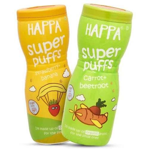 Happa Organic Multigrain Strawberry Banana & Carrot Beetroot Melts Teething Puffs | Nutritious, Organic Baby Food and Snacks | No Artificial Flavours | Not Fried | No Rice Bran Oil | Pack of 2