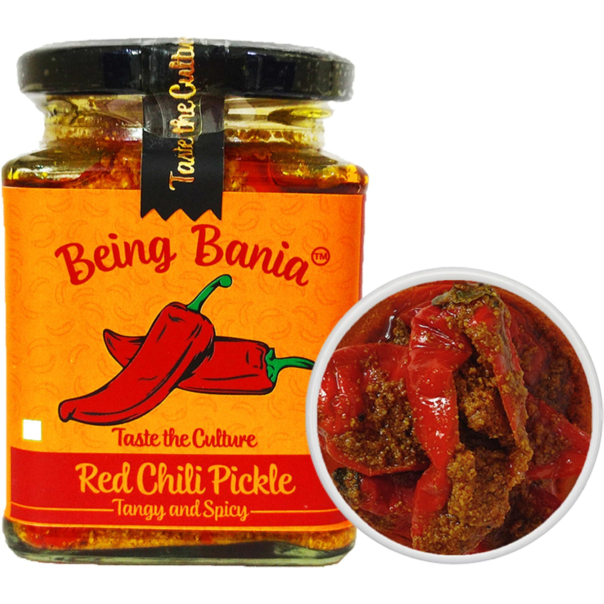 Being Bania Stuffed Red Chilli Pickle - 100% Natural | No preservatives | Bharwa mirch ka achar | 250g in Jar | Fresh Pickles | Lal Mirchi