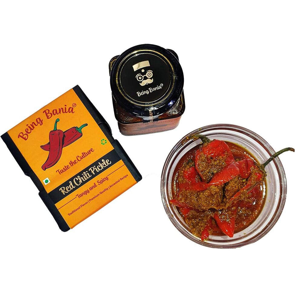 Being Bania Stuffed Red Chilli Pickle - 100% Natural | No preservatives | Bharwa mirch ka achar | 250g in Jar | Fresh Pickles | Lal Mirchi