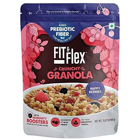 FIT & FLEX Baked Crunchy Granola Happy Berries Oat Rich Cereal With High Protein&Fibre Ready To Eat Healthy Granola For Breakfast Real Freeze Dried Fruits Snacks As Seen On Shark Tank India 450 Gm