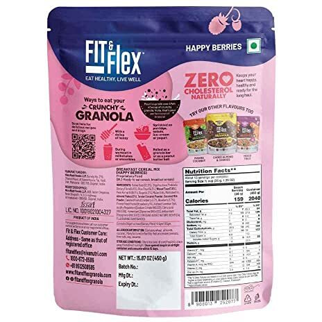 FIT & FLEX Baked Crunchy Granola Happy Berries Oat Rich Cereal With High Protein&Fibre Ready To Eat Healthy Granola For Breakfast Real Freeze Dried Fruits Snacks As Seen On Shark Tank India 450 Gm