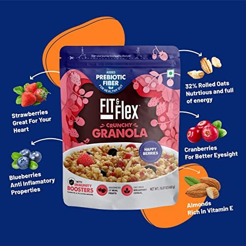 FIT & FLEX Baked Crunchy Granola Happy Berries Oat Rich Cereal With High Protein&Fibre Ready To Eat Healthy Granola For Breakfast Real Freeze Dried Fruits Snacks As Seen On Shark Tank India 450 Gm