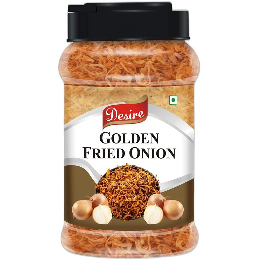 Desire Golden Fried Onion 500 Gram | Pack of 2 in Jar Flakes |Birista | Fried Pyaz Used for Biryani, Gravies, Indian Curries