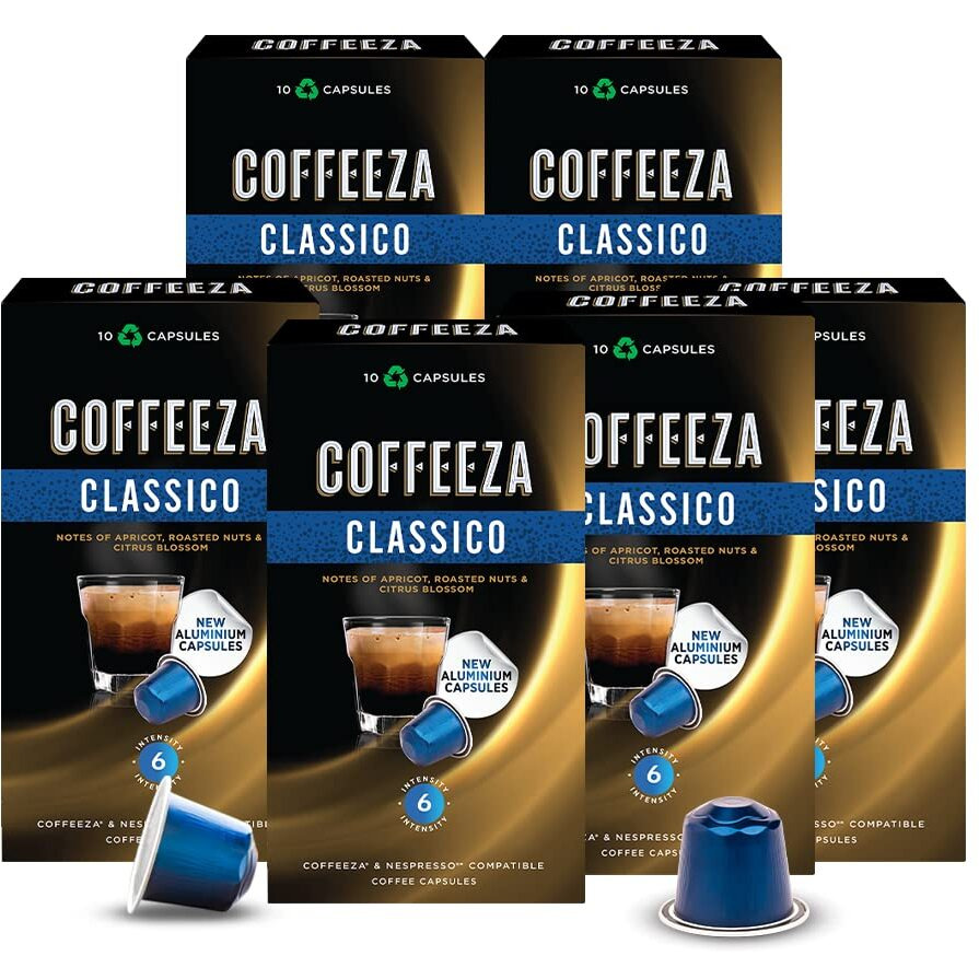 COFFEEZA Classico Aluminium Coffee Capsules, Intensity - 6 |100% Arabica Coffee | Nespresso Compatible Coffee Pods | Box Of 6 (60 Capsules), 600 Gram