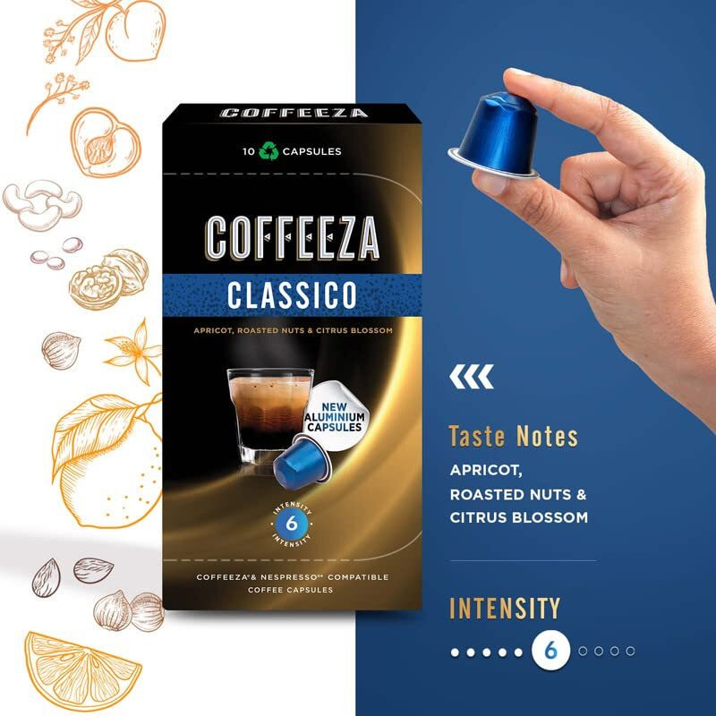 COFFEEZA Classico Aluminium Coffee Capsules, Intensity - 6 |100% Arabica Coffee | Nespresso Compatible Coffee Pods | Box Of 6 (60 Capsules), 600 Gram
