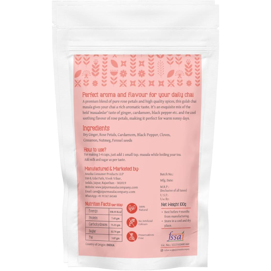 Jaipur Masala Company - Gulab Chai Masala 100 gm | With Premium Rose Petals, 100% Natural, 8 Premium Spices, For Tasty Masala Tea