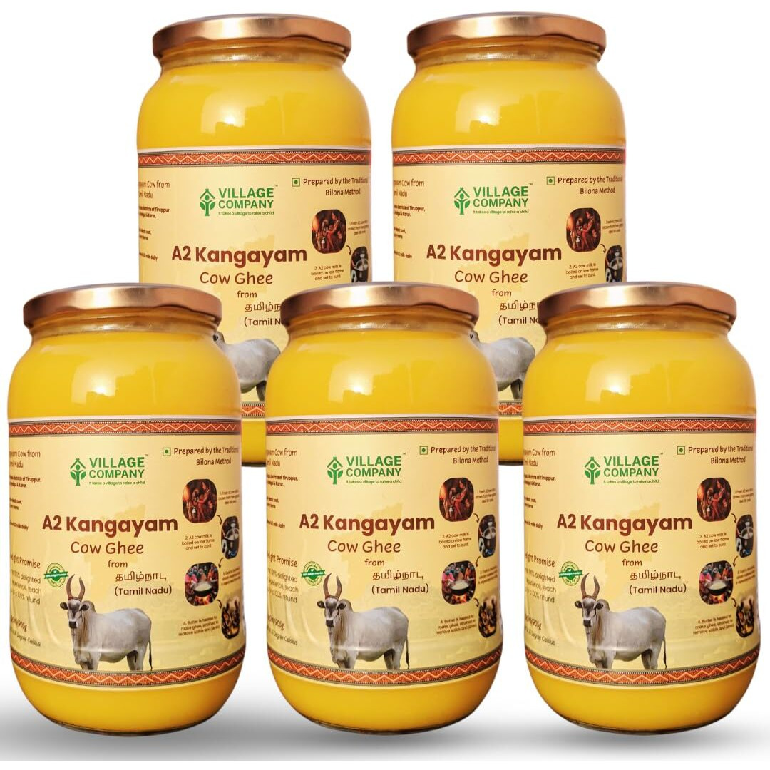 Village Company A2 Bilona Desi Cow Ghee | Bilona Method | Premium, Organic, Traditional | Grass Fed | Kangayam Cow | Lab-Certified | 1 Ltr (Pack Of 5)