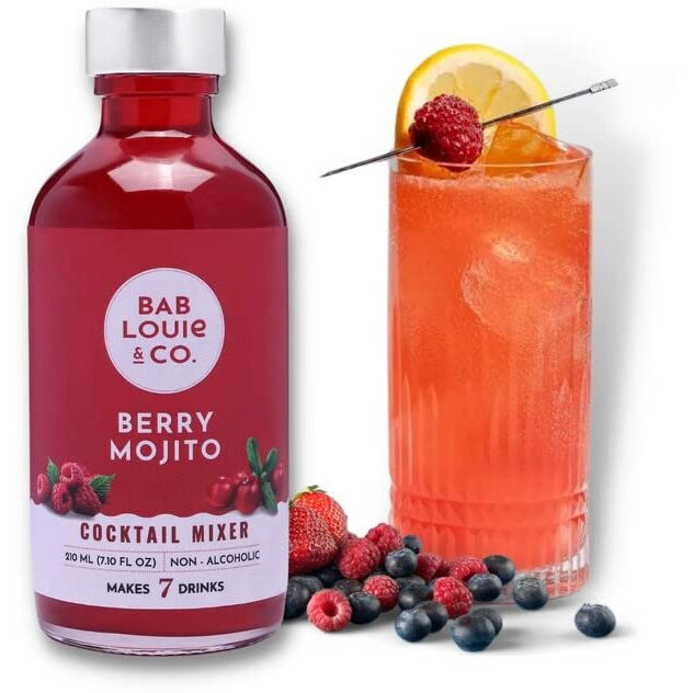 Bab Louie & Co. Berry Mojito Cocktail Mixer | Makes 10 Cocktails & Mocktails | Non-Alcoholic & 100% Natural Mixers | Cocktail and Mocktail Syrup for Vodka, Gin, Champagne | Zero Preservatives | 210ml
