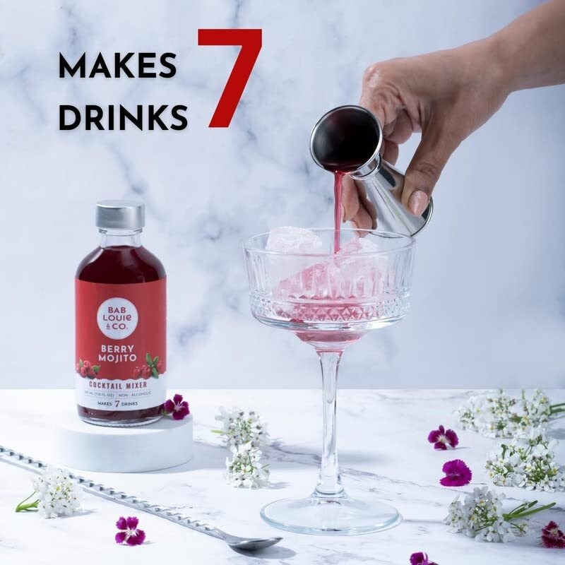 Bab Louie & Co. Berry Mojito Cocktail Mixer | Makes 10 Cocktails & Mocktails | Non-Alcoholic & 100% Natural Mixers | Cocktail and Mocktail Syrup for Vodka, Gin, Champagne | Zero Preservatives | 210ml