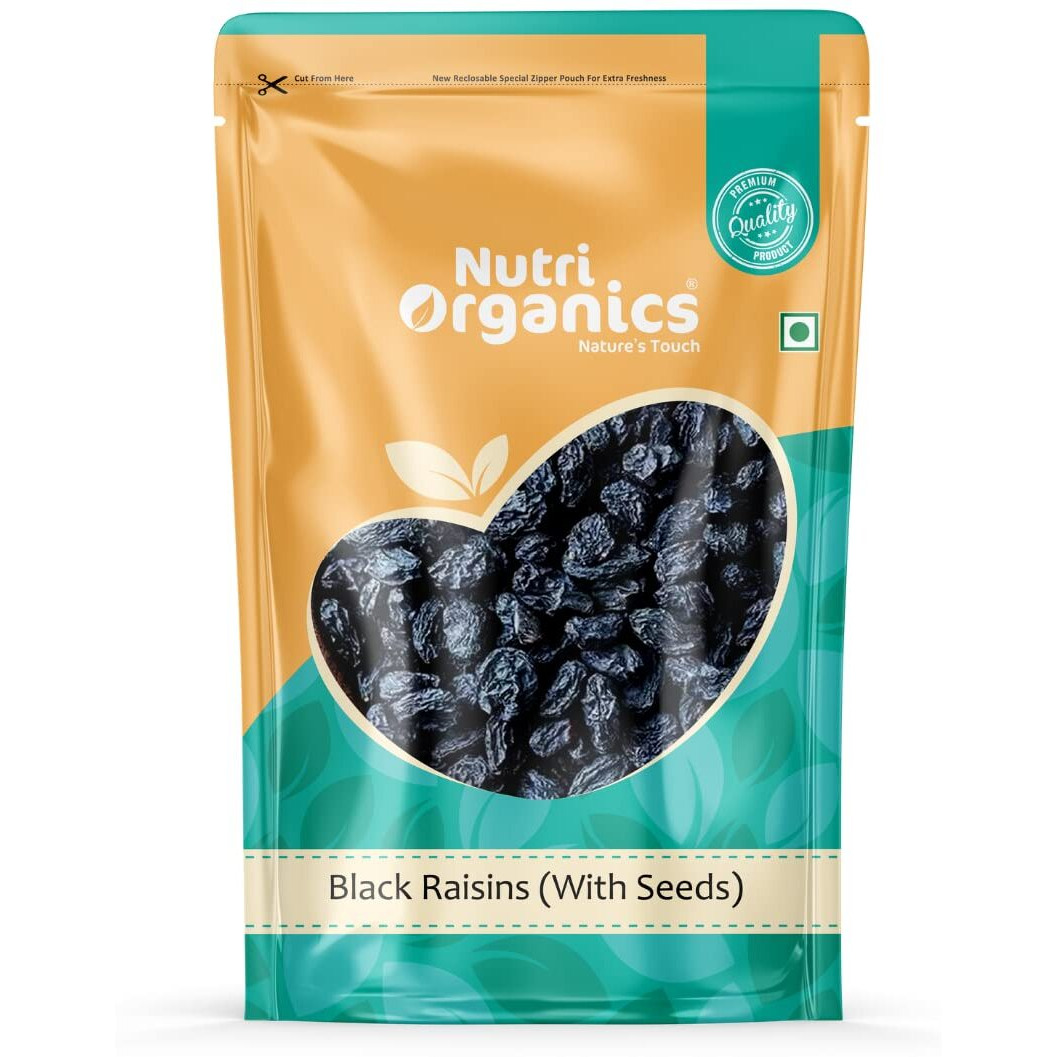 Nutri Organics Premium Afghani Black Raisins With Seeds 200g | Kali Kishmish | Munakka Dry Fruits | Delicious & Healthy Snack | High in Antioxidants, Naturally Sweet & tasty