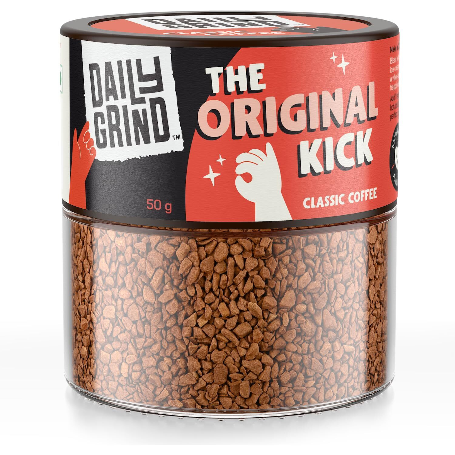 DAILYGRIND The Classic Instant Coffee - 50g Jar | The Original Kick | Instant Flavored Coffee Powder Made with 100% Arabica Beans for Both Hot and Cold Coffee, Strong Freeze-Dried | 25 Cups