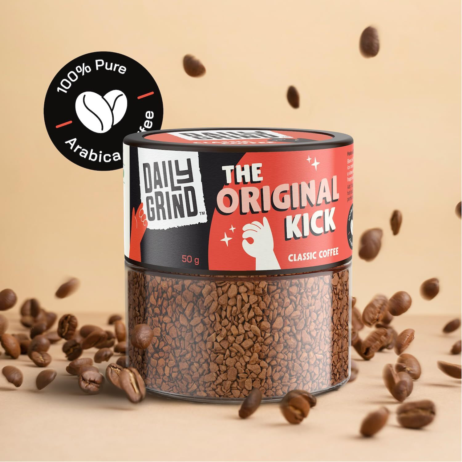 DAILYGRIND The Classic Instant Coffee - 50g Jar | The Original Kick | Instant Flavored Coffee Powder Made with 100% Arabica Beans for Both Hot and Cold Coffee, Strong Freeze-Dried | 25 Cups