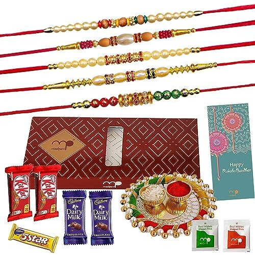 Maalpani Rakhis With And Chocolates Gift Hamper Set | Rakhi Gift For Brother | 5 Pc Rakhi With Dairy Milk Combo Pack |D50411C