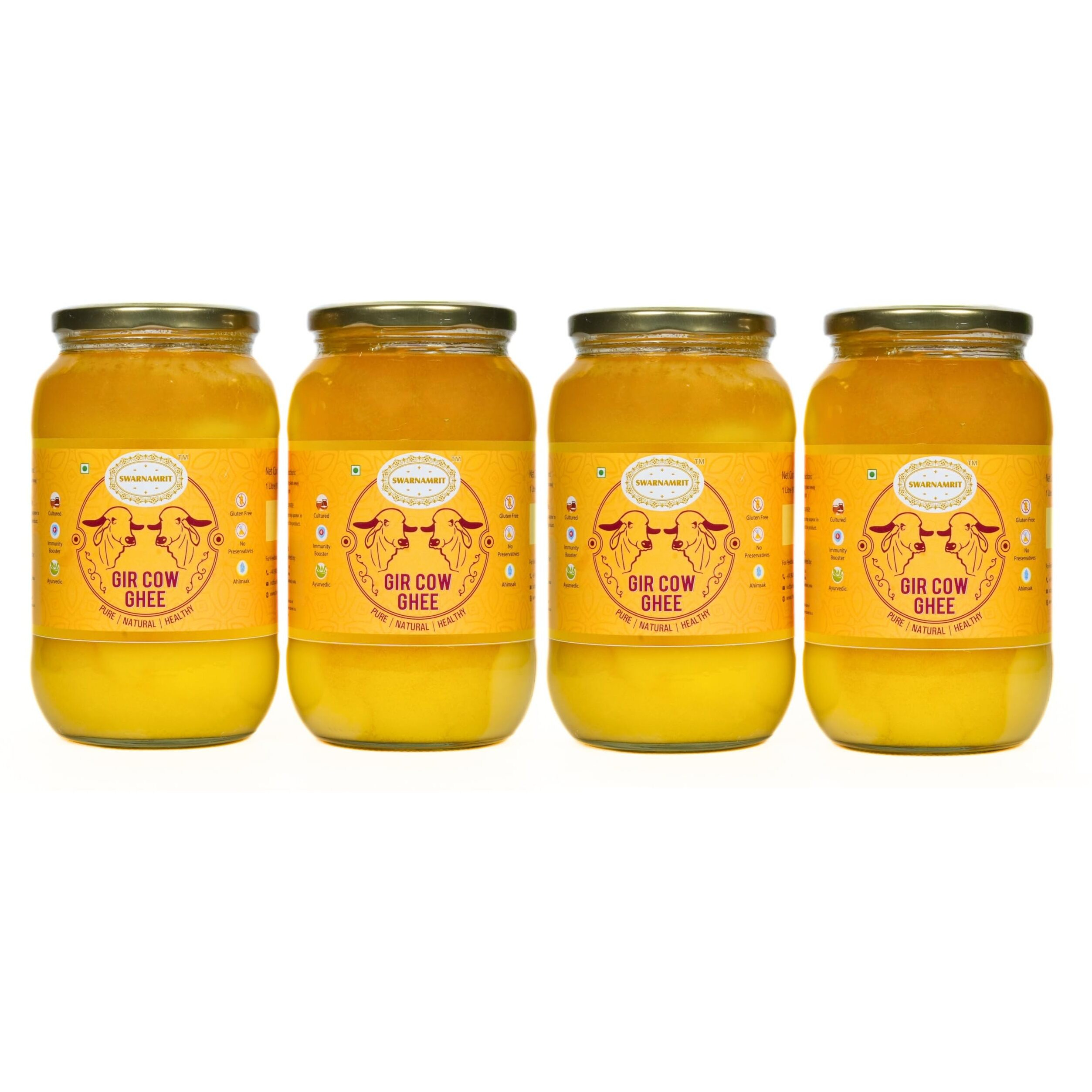 SWARNAMRIT A2 Desi Gir Cow Ghee Vedic Bilona Method Glass Jar Packaging (1 Litre X 4)