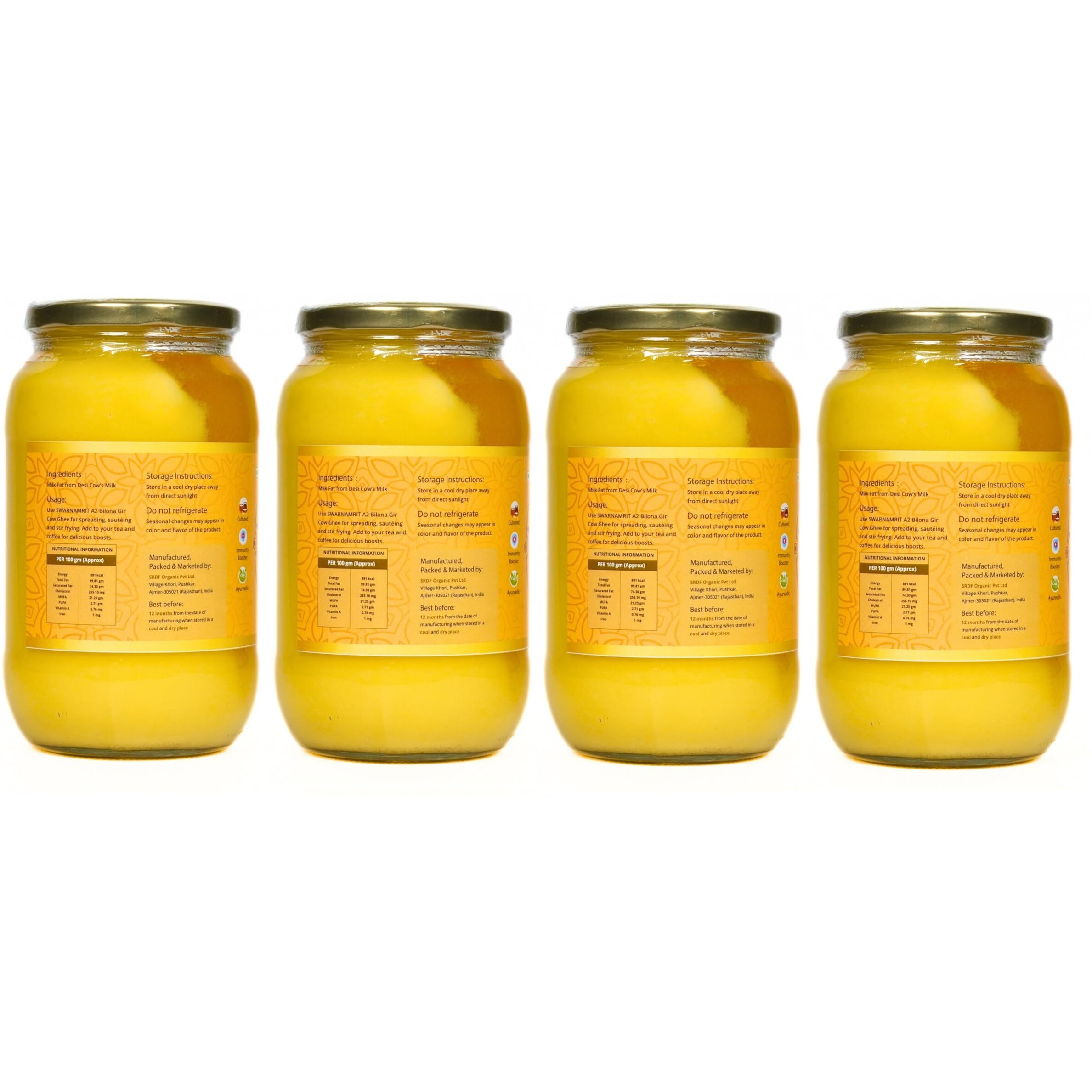 SWARNAMRIT A2 Desi Gir Cow Ghee Vedic Bilona Method Glass Jar Packaging (1 Litre X 4)
