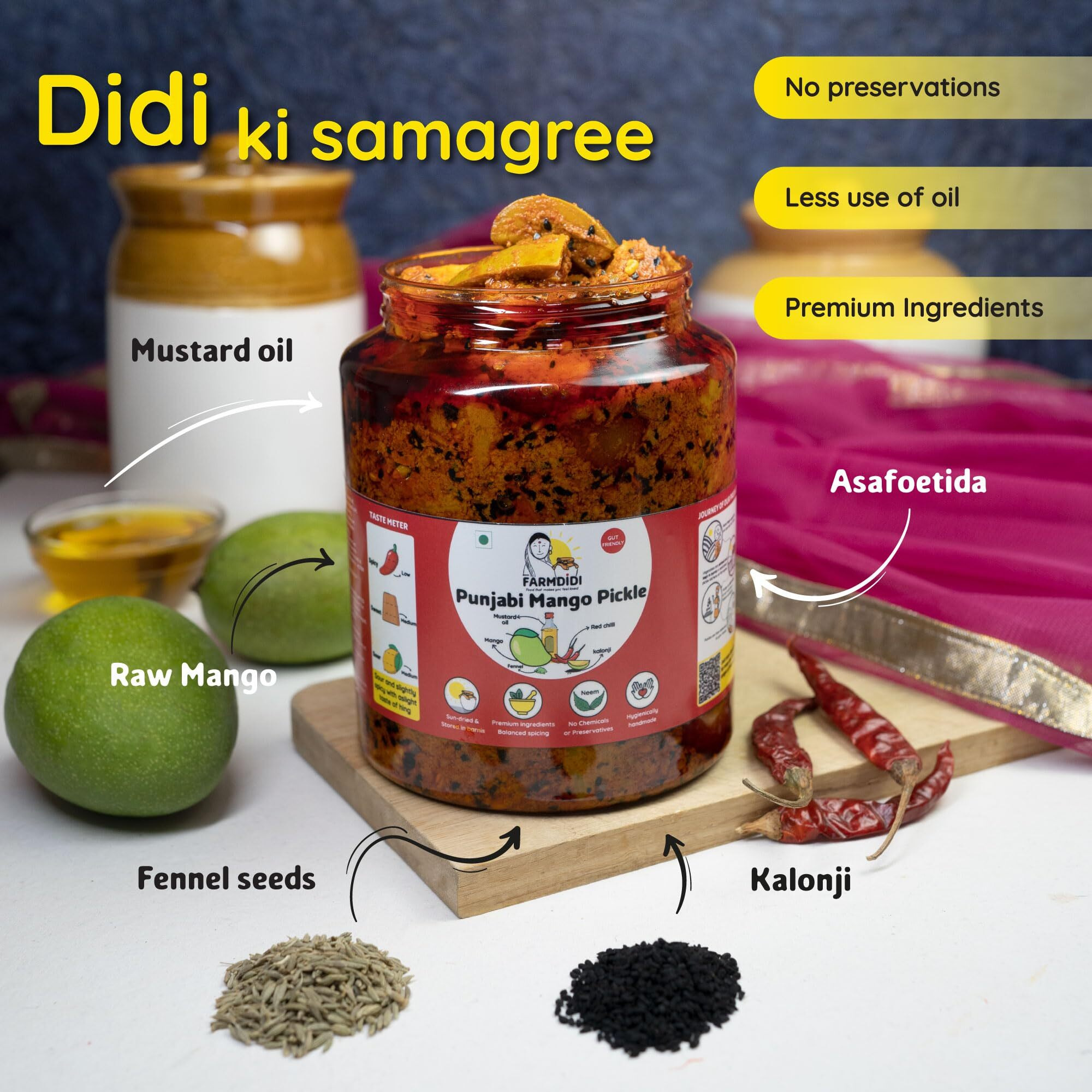 FarmDidi Punjabi Mango Pickle 1kg In Fresh Mango Pickles Homemade | Preservative free Indian Aam ka Achar homemade | Authentic Less Oil Pickle Mango aachar Dry aam Ka Achaar in Homemade pickles