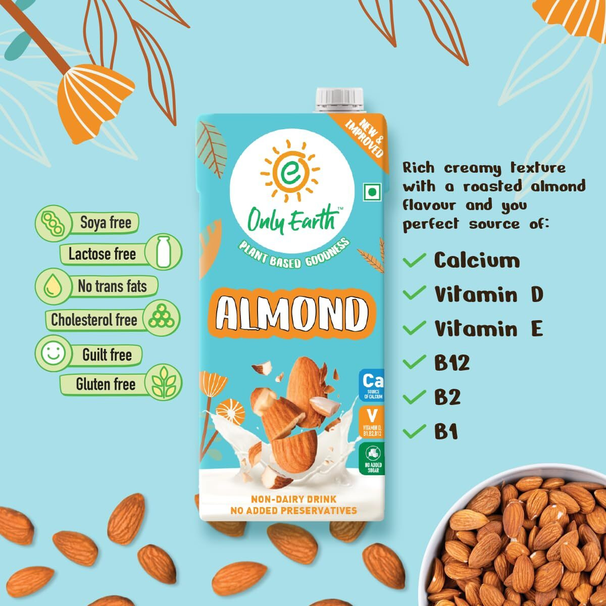 Only Earth Almond Drink | Unsweetened | Lactose-Free | Preservatives Free | Made with Natural Almond Paste | Source of Calcium | Contains Vitamin D,E,B1,B2 & B12 | Dairy Alternative | Cholesterol Free | Plant-Based Alternative | Barista Edition 1L