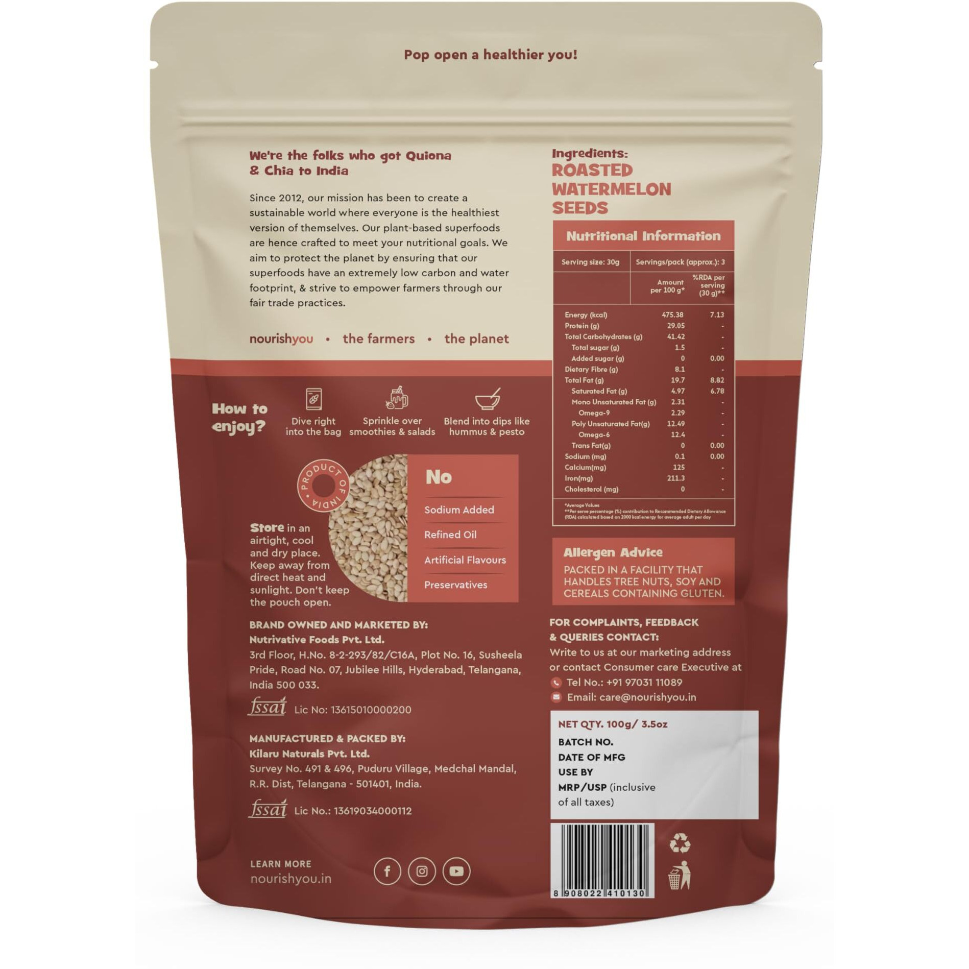 Nourish You Roasted Watermelon Seeds | Fibre Rich Seeds | Diet Food | Non-GMO | Healthy snacks | Nutrients rich | High in Protein & Iron | 100 GM