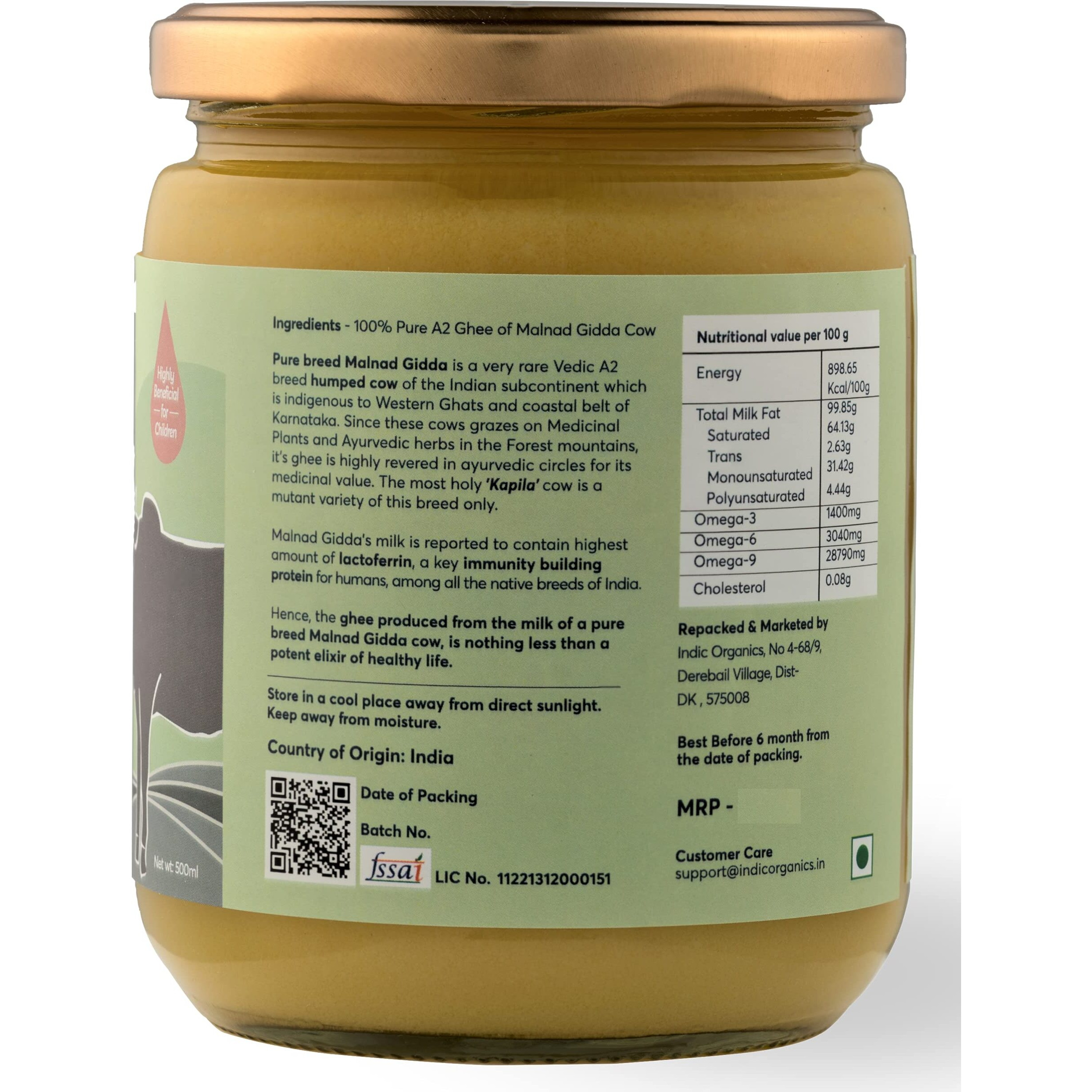 Indic Organics Forest Grazing Rare Malnad Gidda Desi Cows A2 Ghee From Western Ghats Of Karnataka | Ayurvedic & Medicinal Bilona Ghee | Naturally Balanced Omega 369 Ratio (1000 Ml)