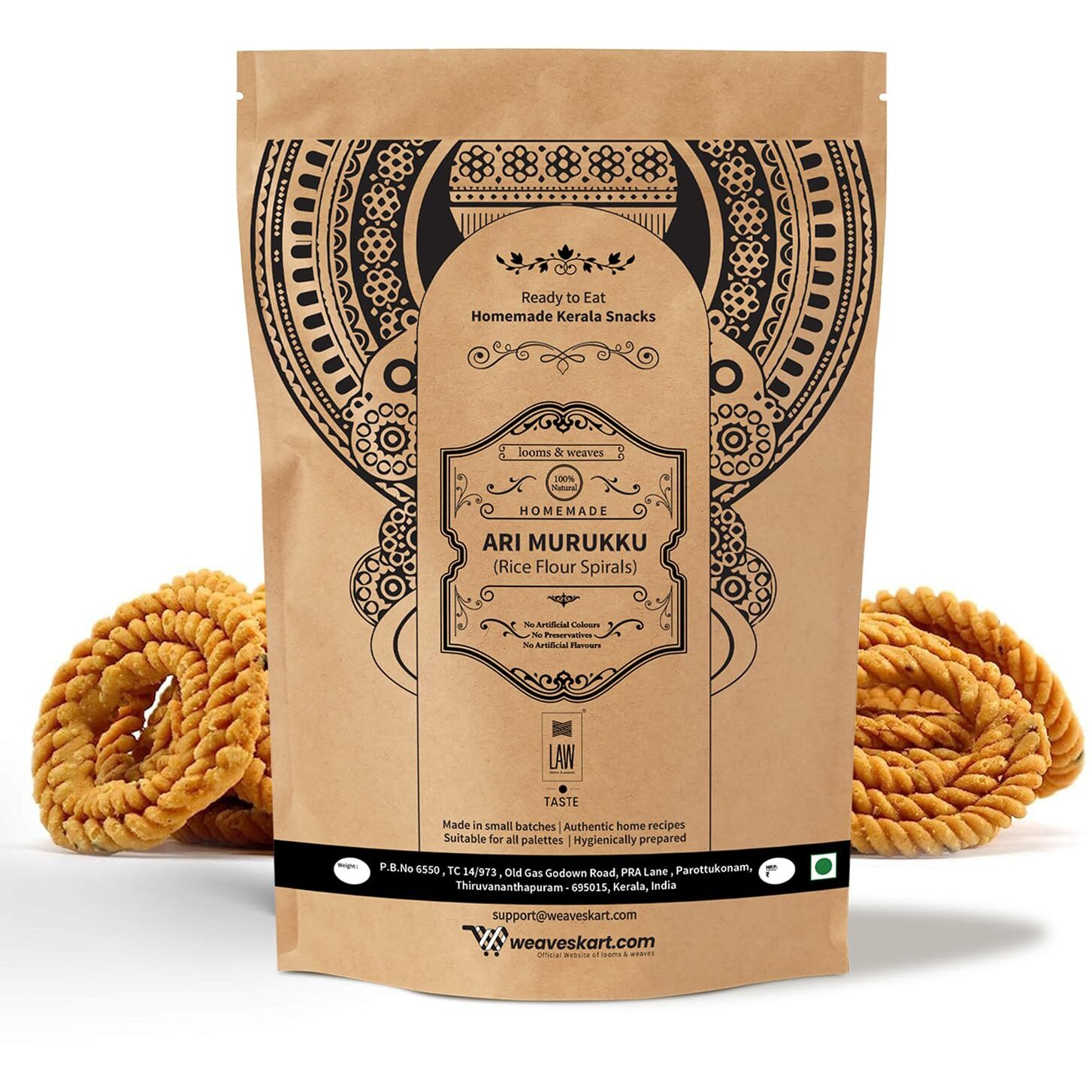 looms & weaves - Ready to eat Kerala Snacks - Ari Murukku/Rice Flour Spirals - 250 gm