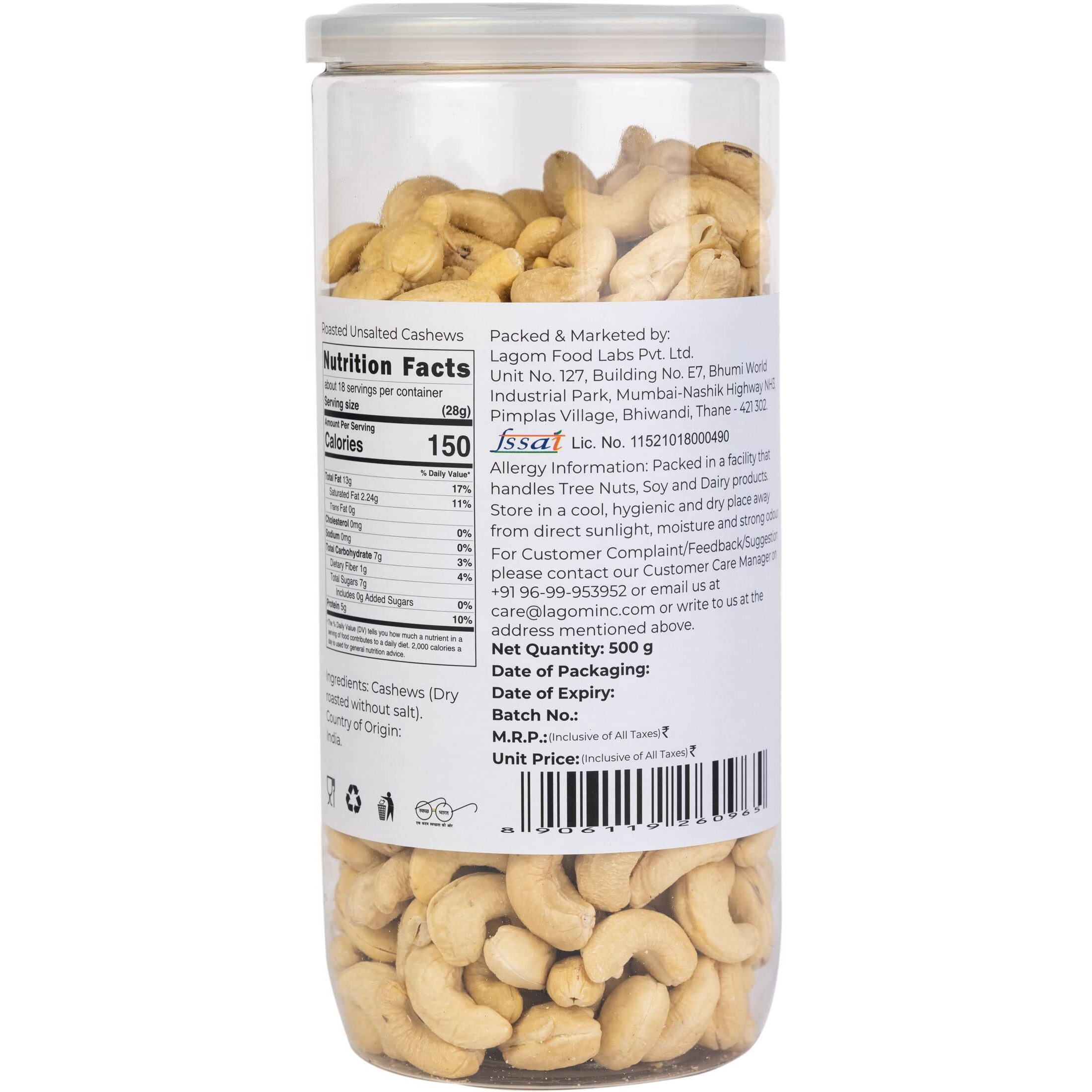 Lagom Gourmet Roasted Unsalted Cashew Nuts 1 Kg | No Salt | Dry Roasted | No Oil Used | Roasted To Perfection | No Preservatives | No Artificial Flavors | Plant Based | Nuts Dry Fruits