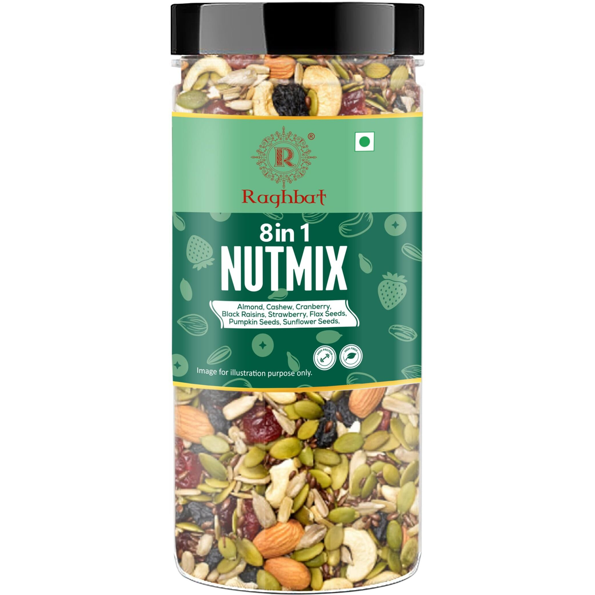 Raghbat Premium 8 in 1 NutMix 250g | Almond, Cashew, Cranberry, Black Raisins, Strawberry, Flax Seeds, Pumpkin Seeds, Sunflower Seeds | Healthy Snacks | Protein Nut Mix | Trail Mix | Ready to Eat