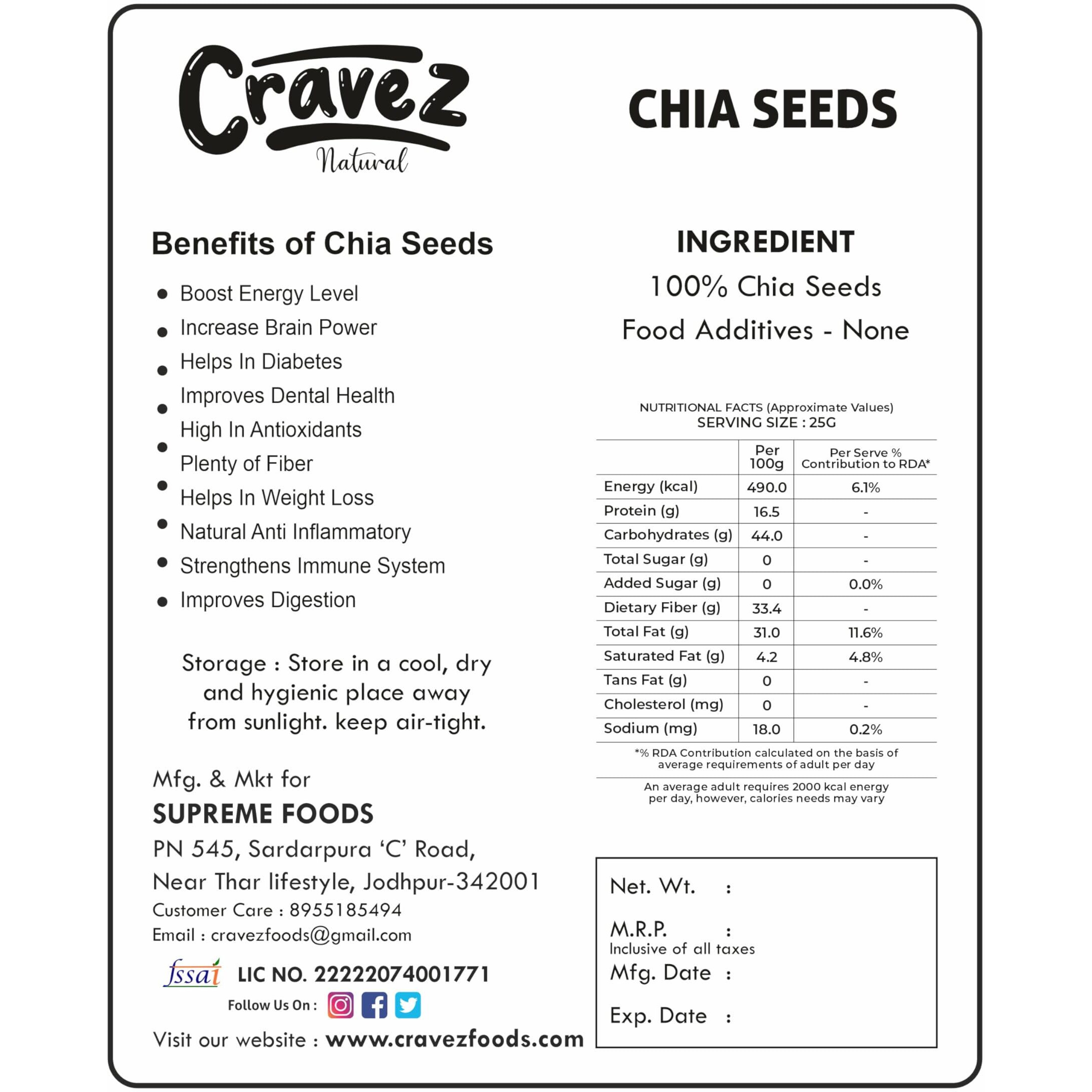 Cravez Raw Chia Seeds - 500gm | Seeds for For Weight Loss & Eating | Healthy Snacks For Immunity Booster, Rich in Fiber, Protein & Omega 3