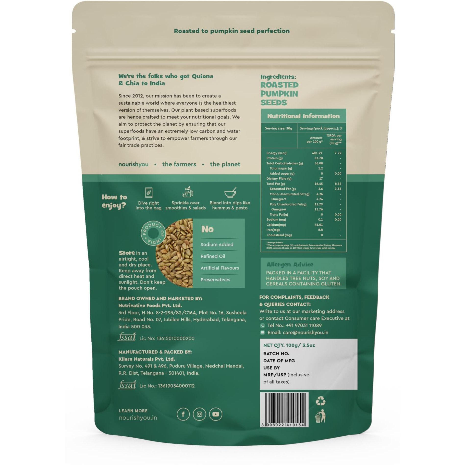 Nourish You Roasted Pumpkin Seeds for Eating 100 G | For Healthy Diet | Immunity Booster and Fiber Rich Superfood | Pack of 1