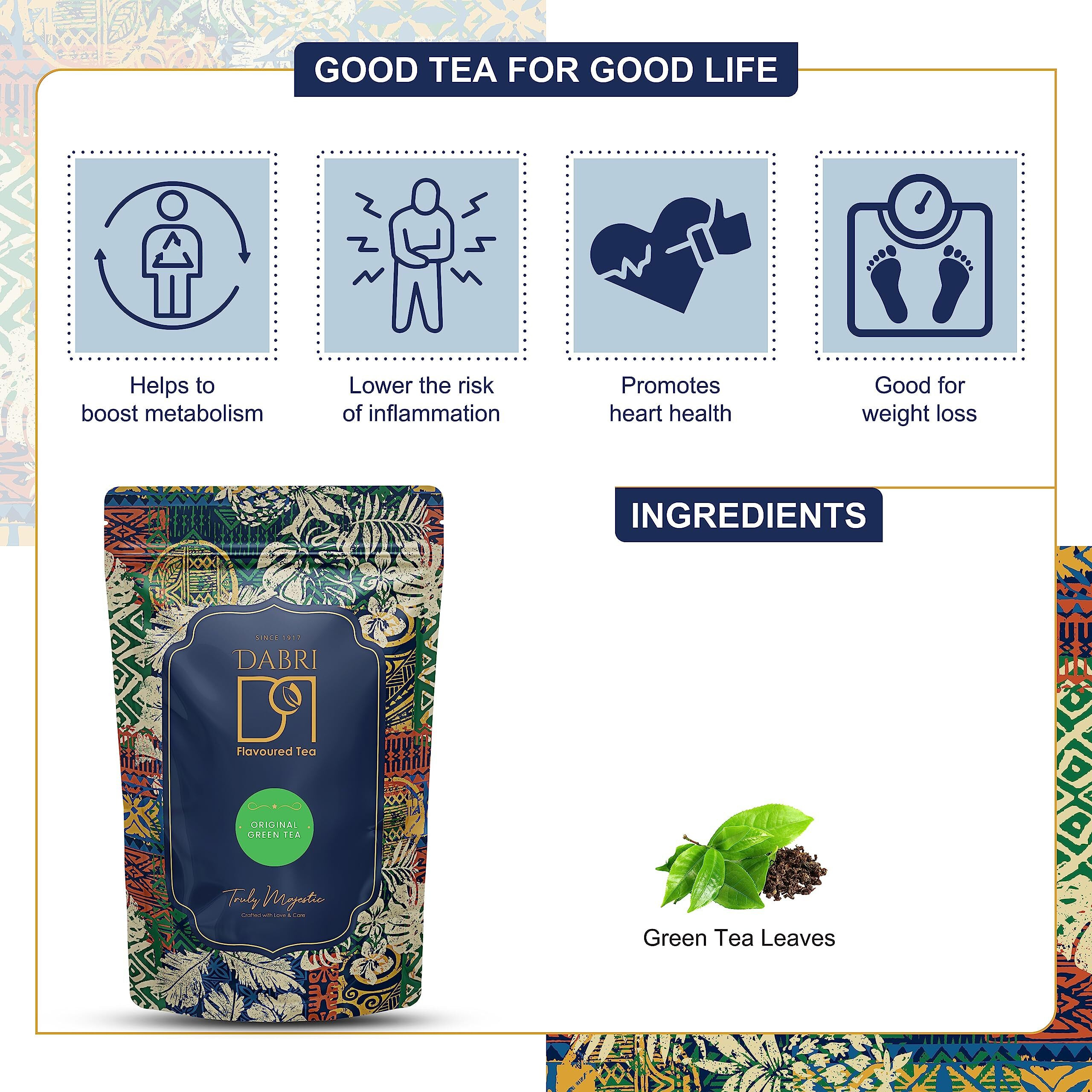 Dabri Detox Green Tea Loose Leaves (200g Set) | fresh Natural flavoured long leaf green tea for good health | Improves Metabolism (100gm Pouch x Pack of 2)