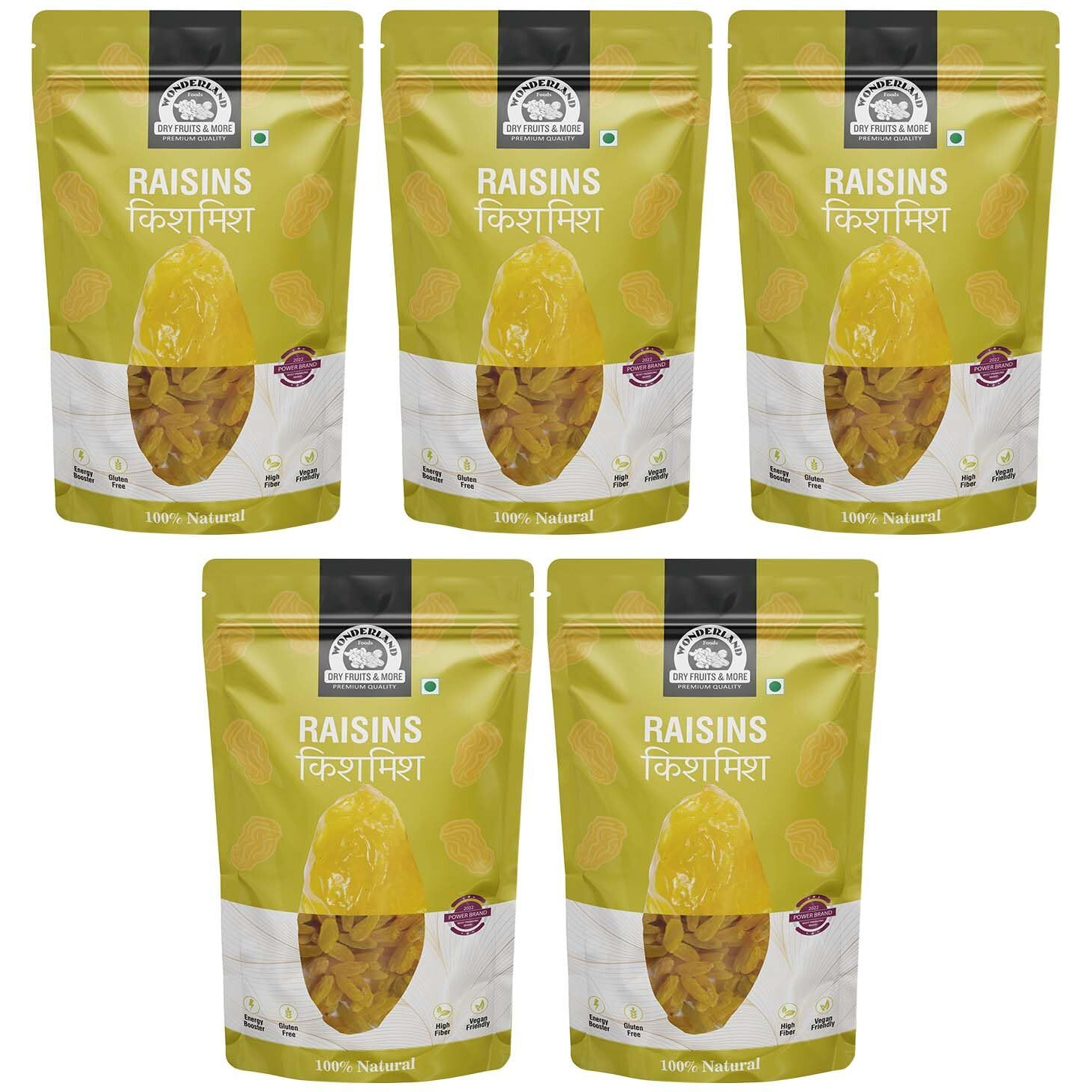 WONDERLAND FOODS (DEVICE) Plain Seedless Green Raisin (Kishmish) Dried Grapes 2.5Kg (500g X 5) Pouch | Nutritious | Rich in Iron & Vitamin B | Healthy Sweet Treats