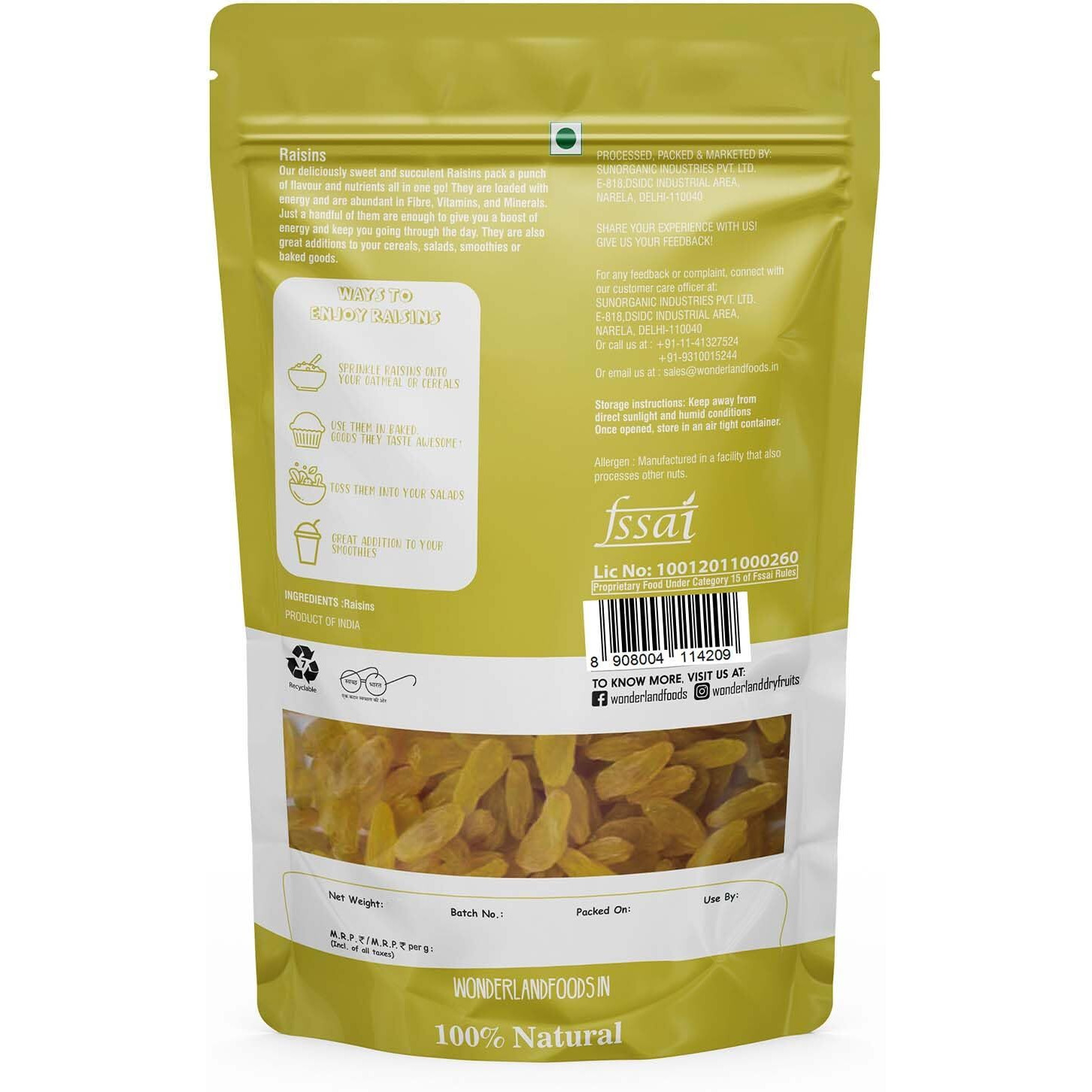 WONDERLAND FOODS (DEVICE) Plain Seedless Green Raisin (Kishmish) Dried Grapes 2.5Kg (500g X 5) Pouch | Nutritious | Rich in Iron & Vitamin B | Healthy Sweet Treats