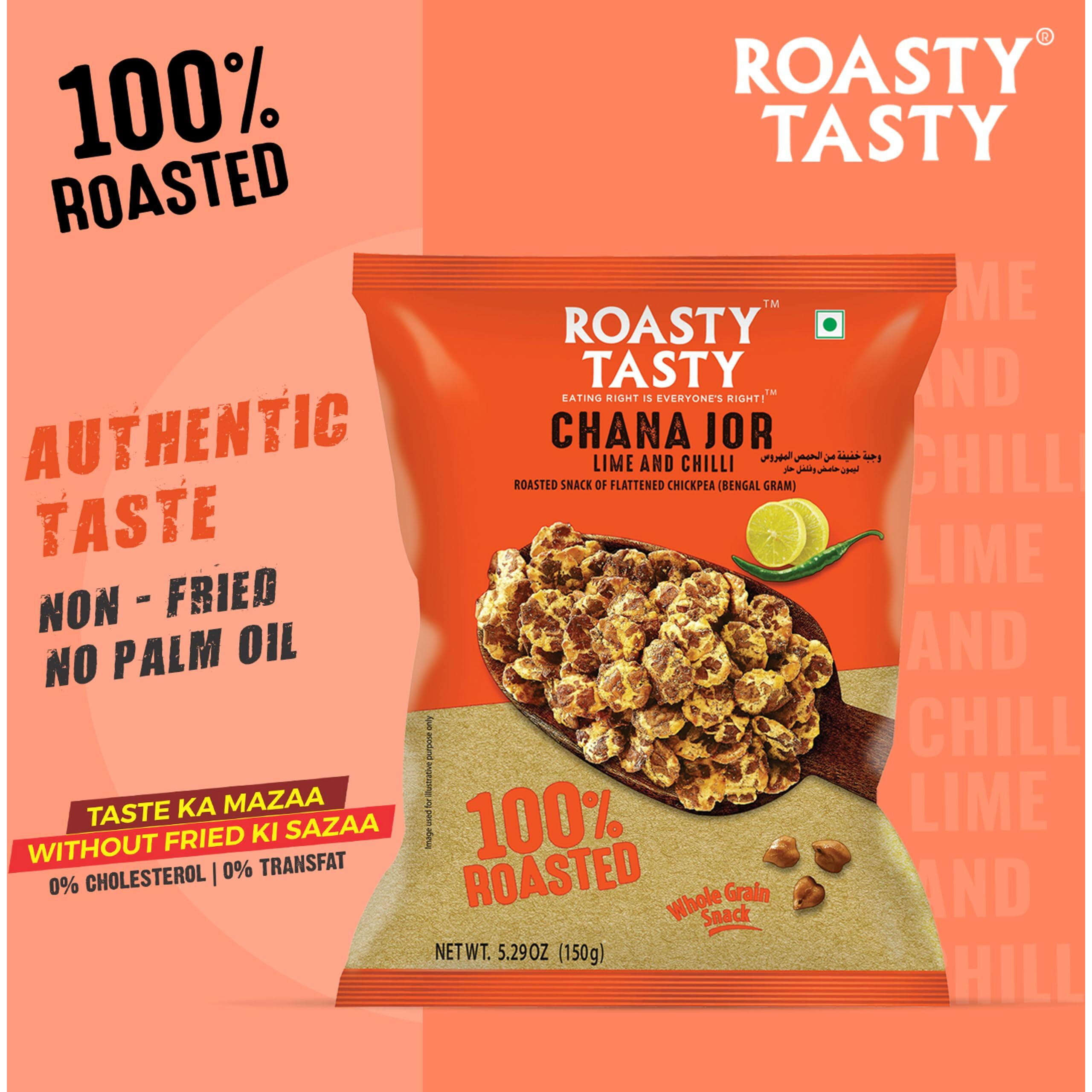 Roasty Tasty Roasted Chana Jor Lime & Chilli Whole Grain Indian Snacks- 400g (pack of 2 200g each) |No MSG | Zero Cholesterol & Trans Fat | Diet Namkeen | Gluten Free | Ready-to-eat | High in protein | Export Quality