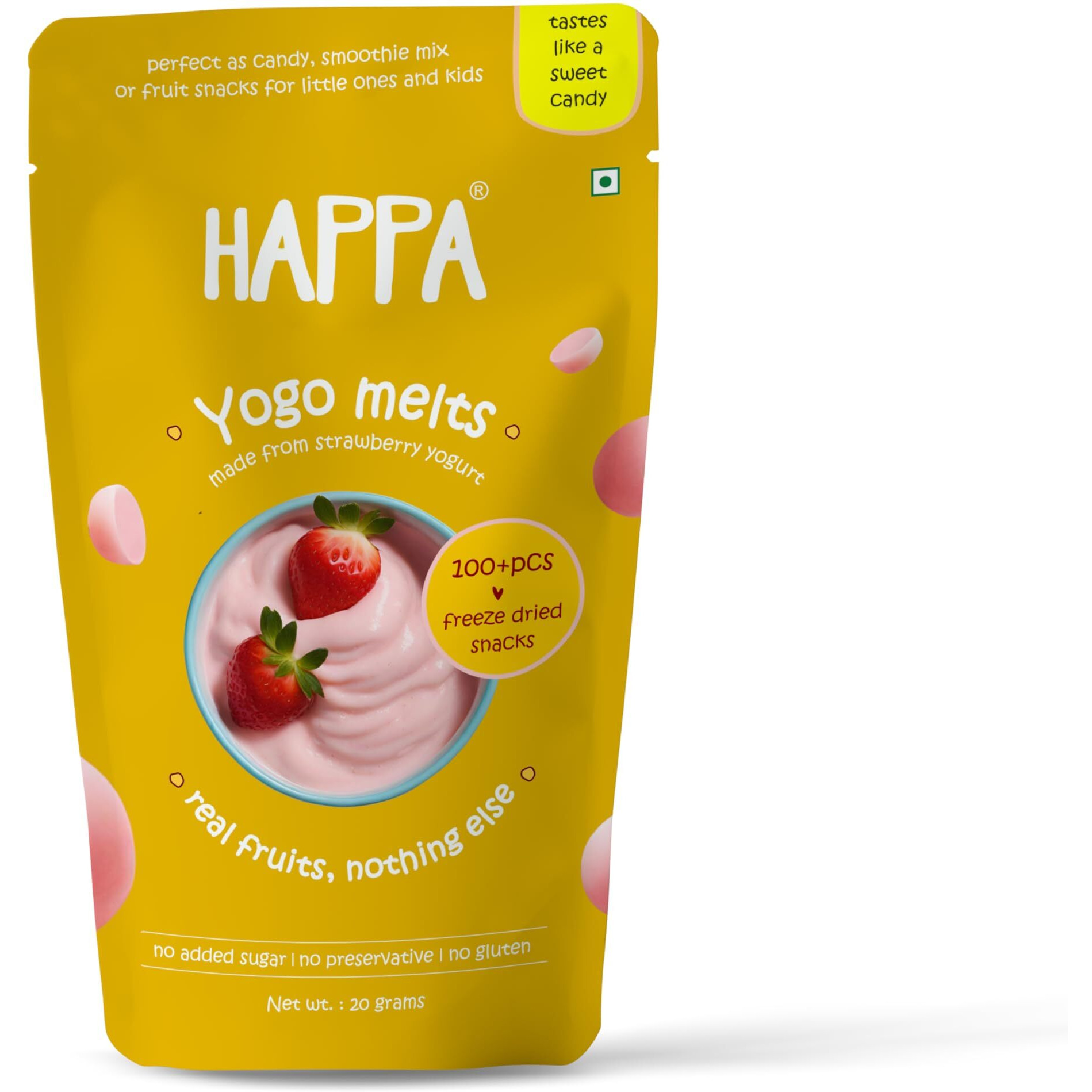 Happa Strawberry Yogo Melts | Real Fruit and Real yogurt snacks | Probiotics - Immunity Booster | Protien and Calcium |Safe for ages 8 months onwards | Easy to Carry | Great Taste | 100 units
