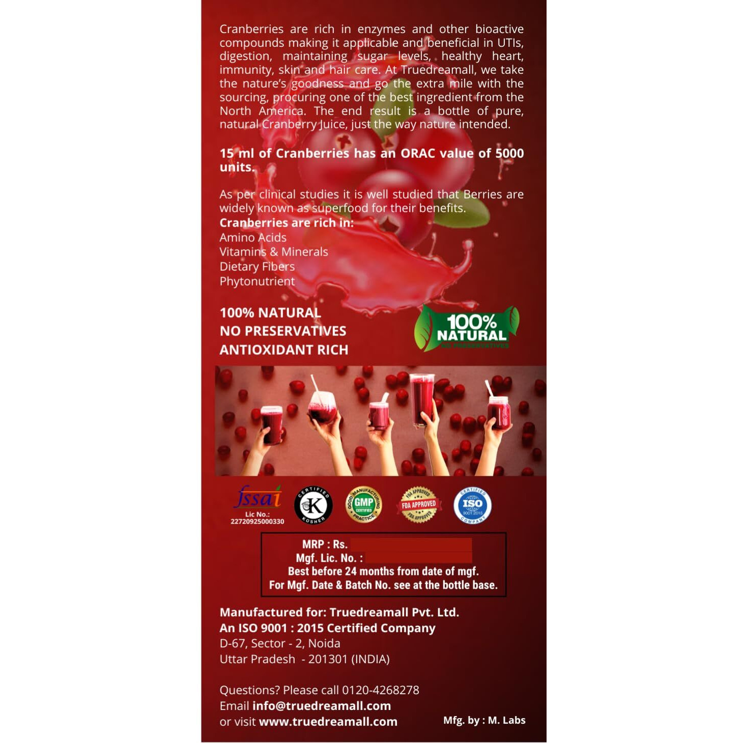 TRUEDREAMALL Cranberry Juice- Pure Quality, Unsweetened, Pure & Organic(750 ml Concentrated) Pack of 4