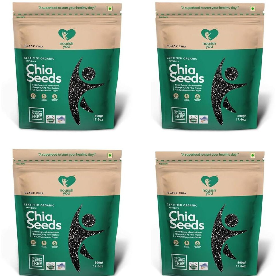 Nourish You Organic Black Chia Seeds 500G | USDA Certified Grain | Gluten Free | Super Source of Calcium, Protein Fibre, Omega 3 & Antioxidant | Healthy Snacks for Weight loss management | Pack of 4