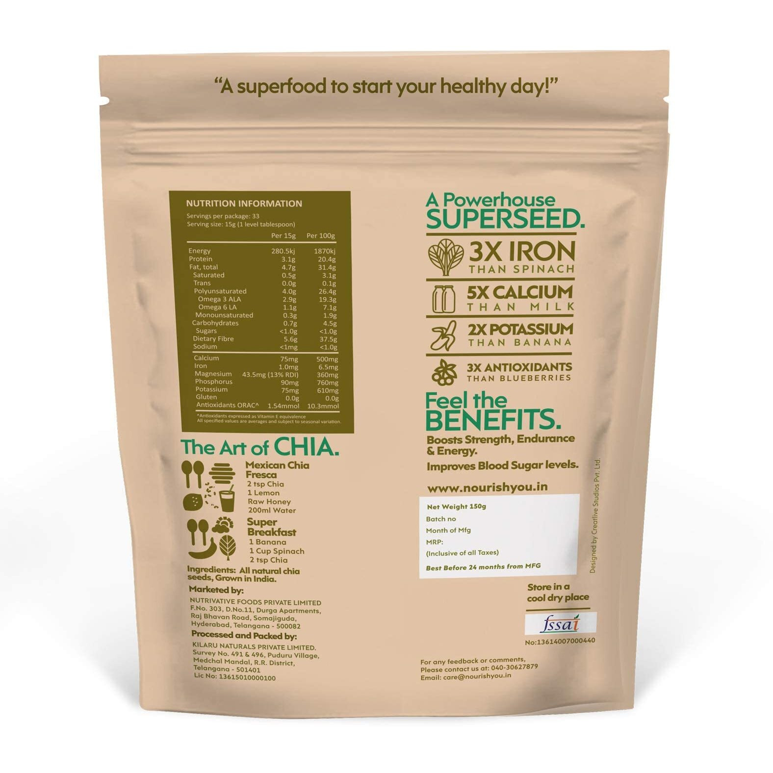 Nourish You Organic Black Chia Seeds 500G | USDA Certified Grain | Gluten Free | Super Source of Calcium, Protein Fibre, Omega 3 & Antioxidant | Healthy Snacks for Weight loss management | Pack of 4