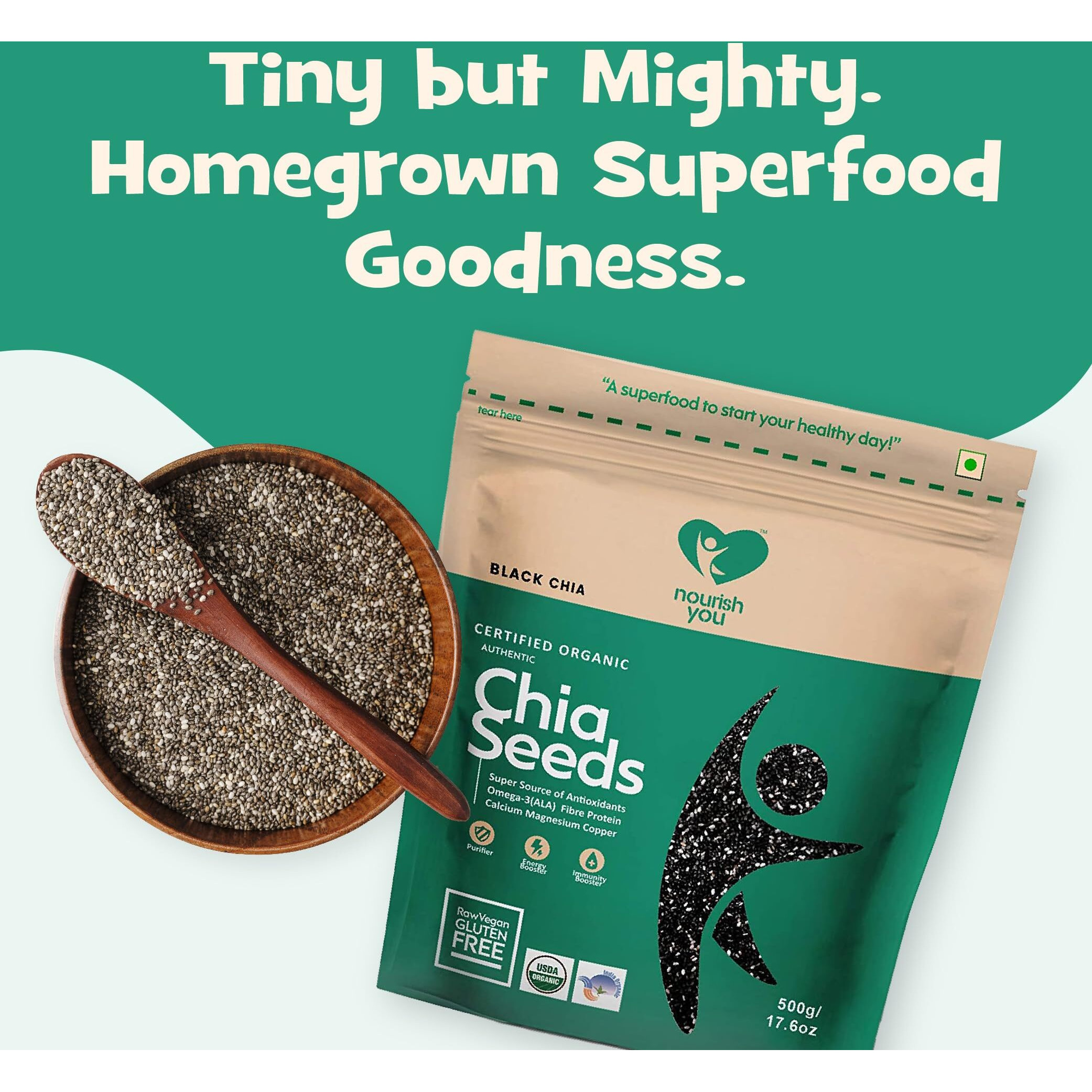 Nourish You Organic Black Chia Seeds 500G | USDA Certified Grain | Gluten Free | Super Source of Calcium, Protein Fibre, Omega 3 & Antioxidant | Healthy Snacks for Weight loss management | Pack of 4